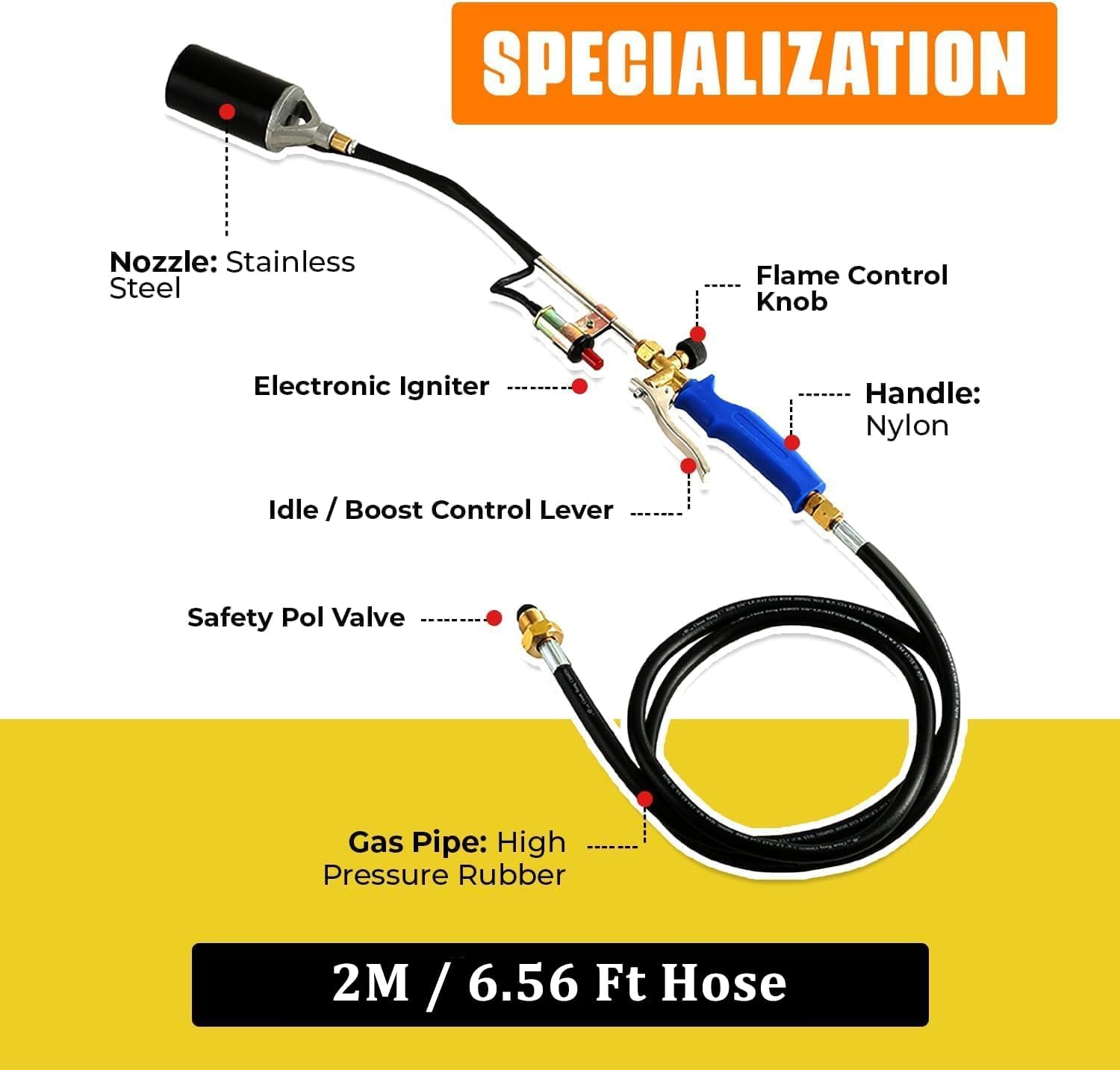 USOR 800,000 BTU Liquefied Gas Propane Fire Weed Torch with 2 Meter Hose Pipe Flame Thrower LPG Electronic Weed Burner Torch Weed Killer, Roofing Torch