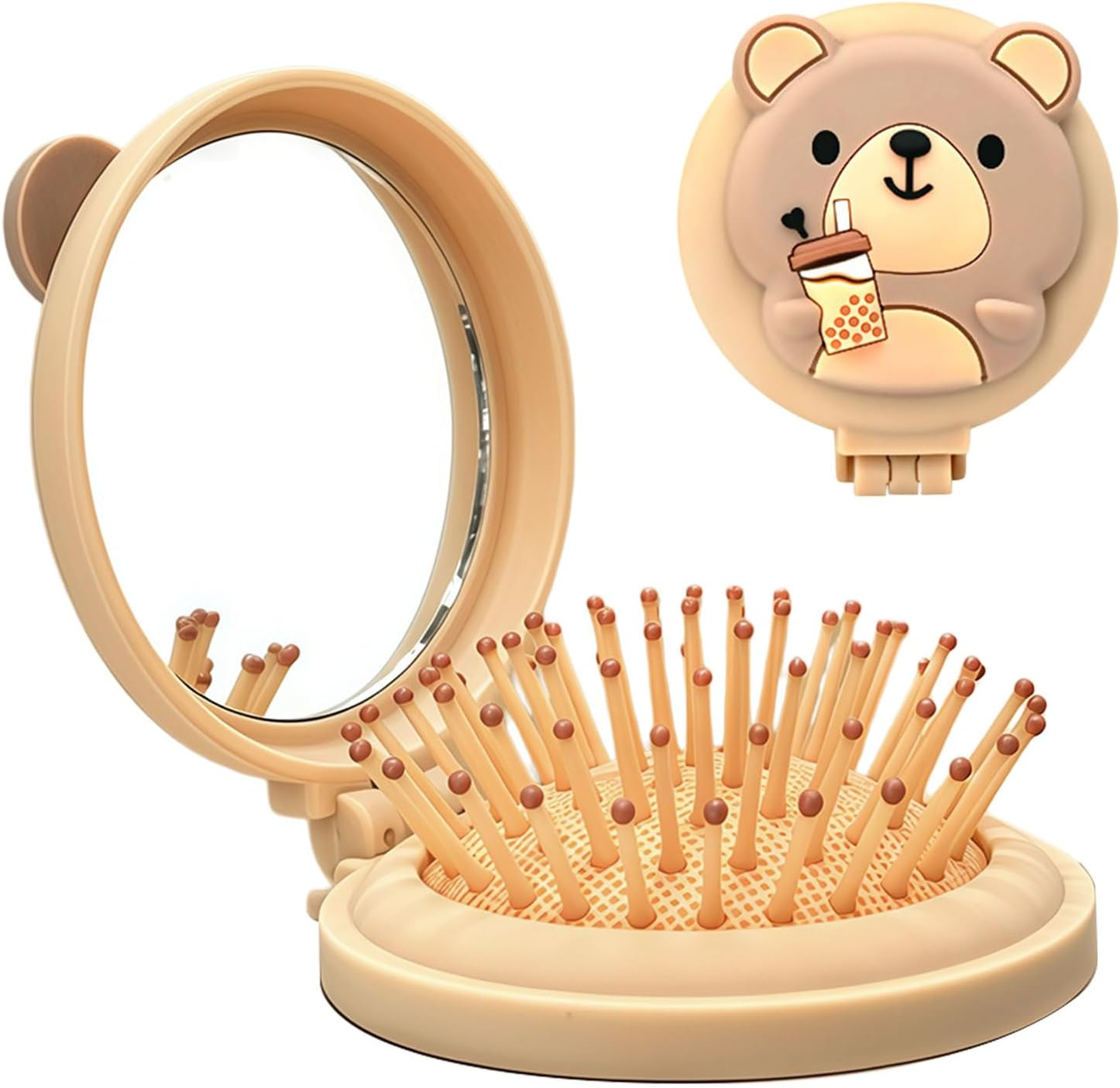 Muorruo Mini Travel Hairbrush for Kids, round Folding Mirror and Small Hairbrush for Boys and Girls, Baby Detangling Brush, Massage Hairbrush with Air Cushion for Thick Hair (Beige) image number 6