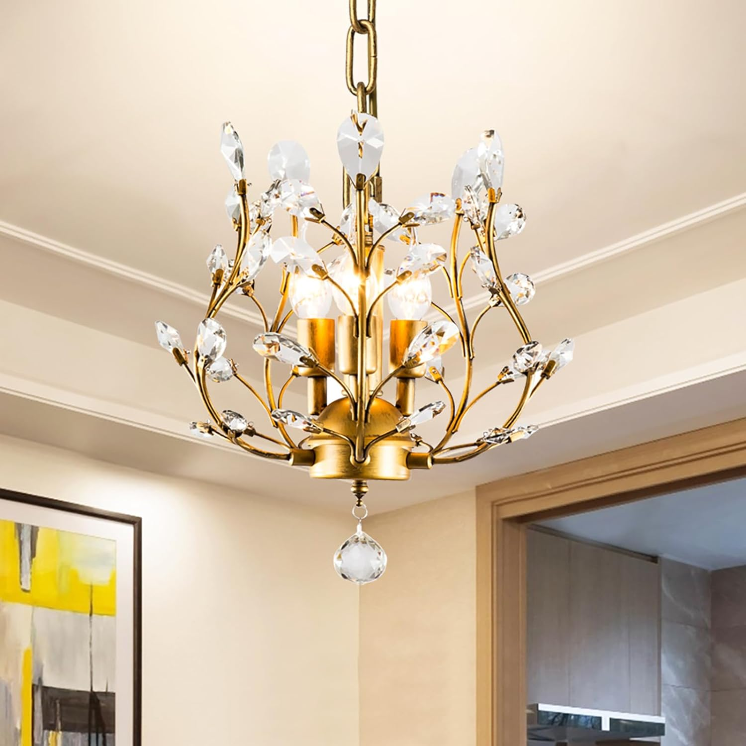 Ganeed Crystal Chandeliers,K9 Crystal Ceiling Light, Vintage Light Fixtures Pendant Lighting for Living Room Bedroom Restaurant Porch Chandelier(4-Light,Golden)