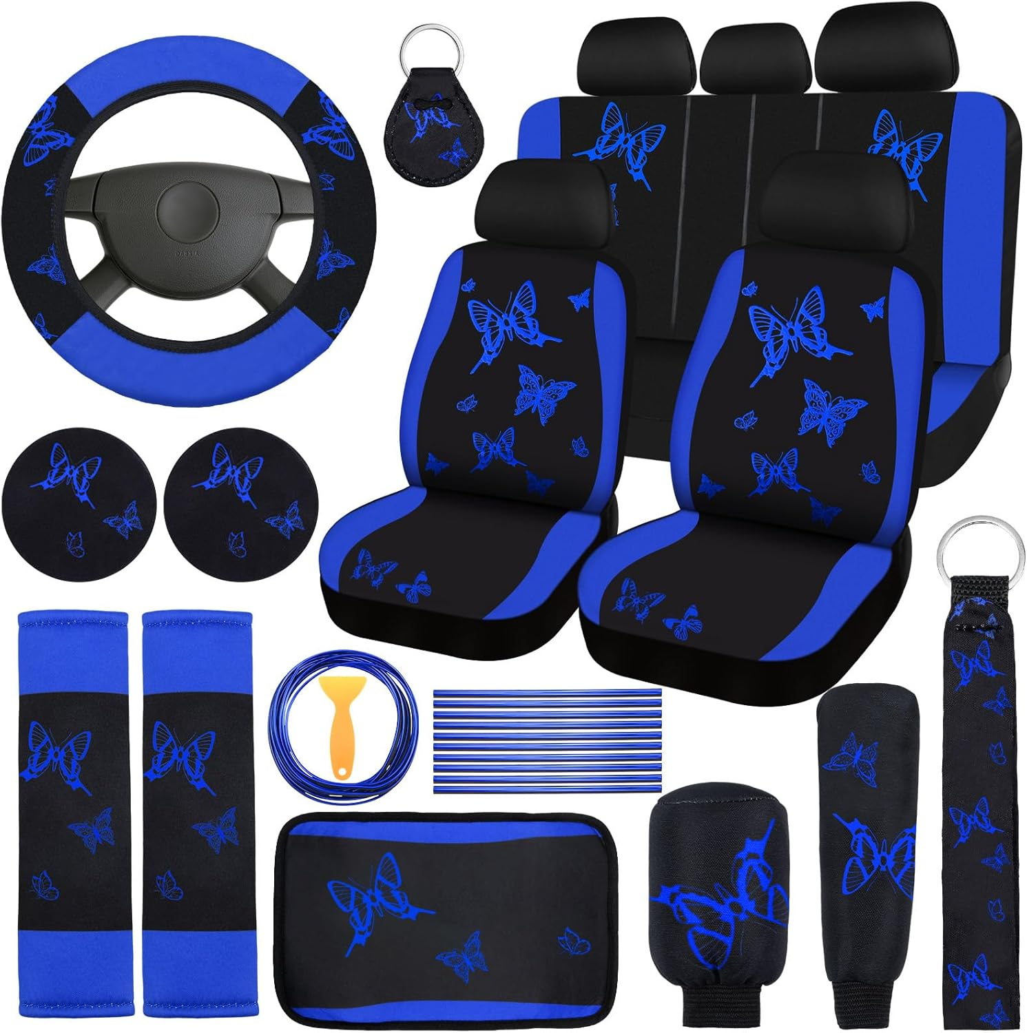 BBTO 43 Pcs Butterfly Car Seat Full Set Butterfly Car Accessories for Women 5 Front Rear Seat Covers Wrist Strap 2 Pieces Cup Mat Armrest Pad 2 Seat Belt Cover Accessories for SUV Car (Red, Black)