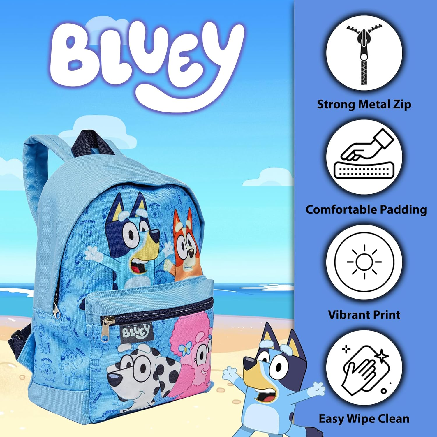 Bluey Backpack Kids School Bag Childrens Boys & Girls Nursery Rucksack, Bingo, Coco & Chloe Print, Blue image number 4