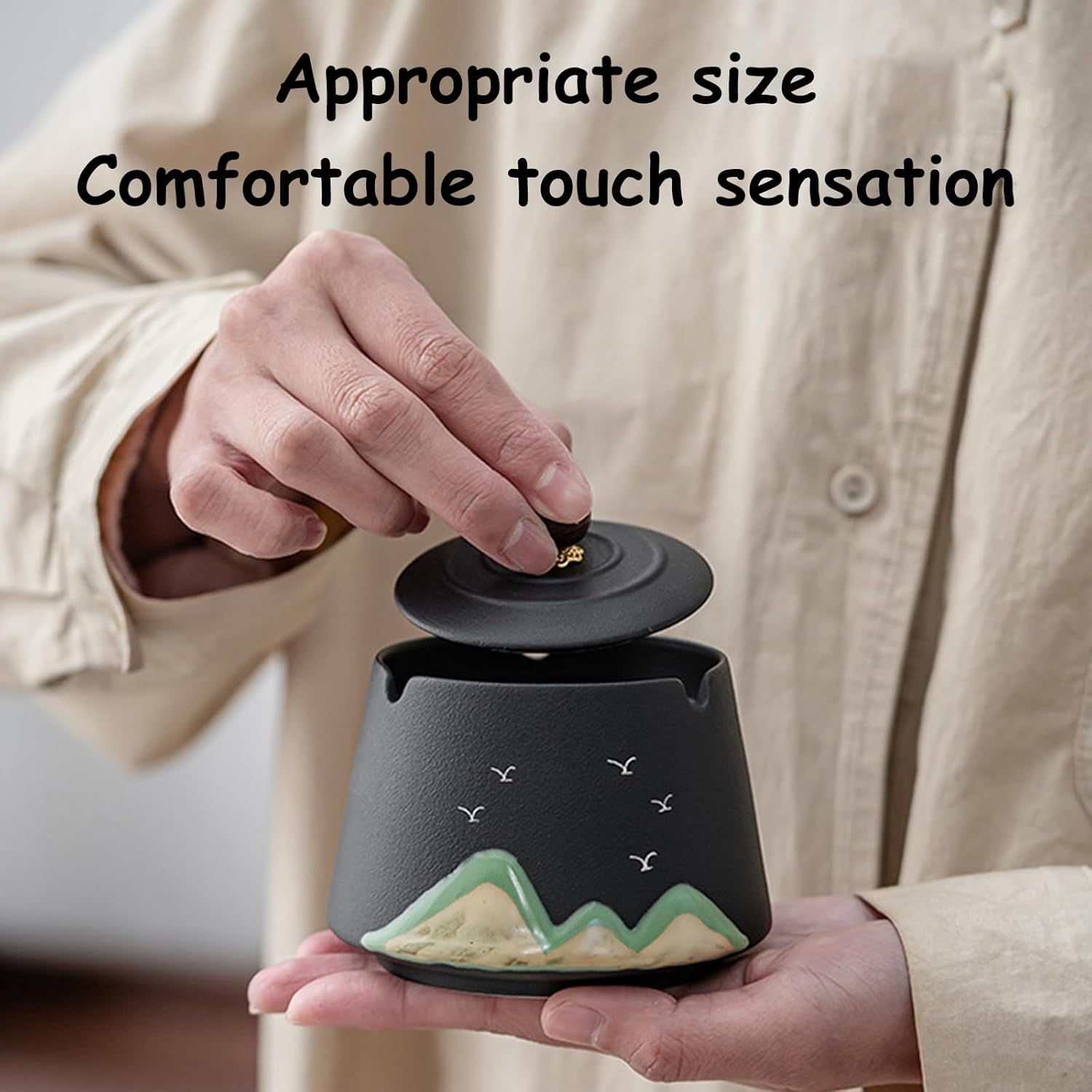 Ashtray Ceramic Ashtray with Lid Windproof Painted Ceramic Hand-Made Ashtray Creative Ash Holder Portable Ash Tray for Home Office Travel Decoration SH0103 (Black) - White image number 4