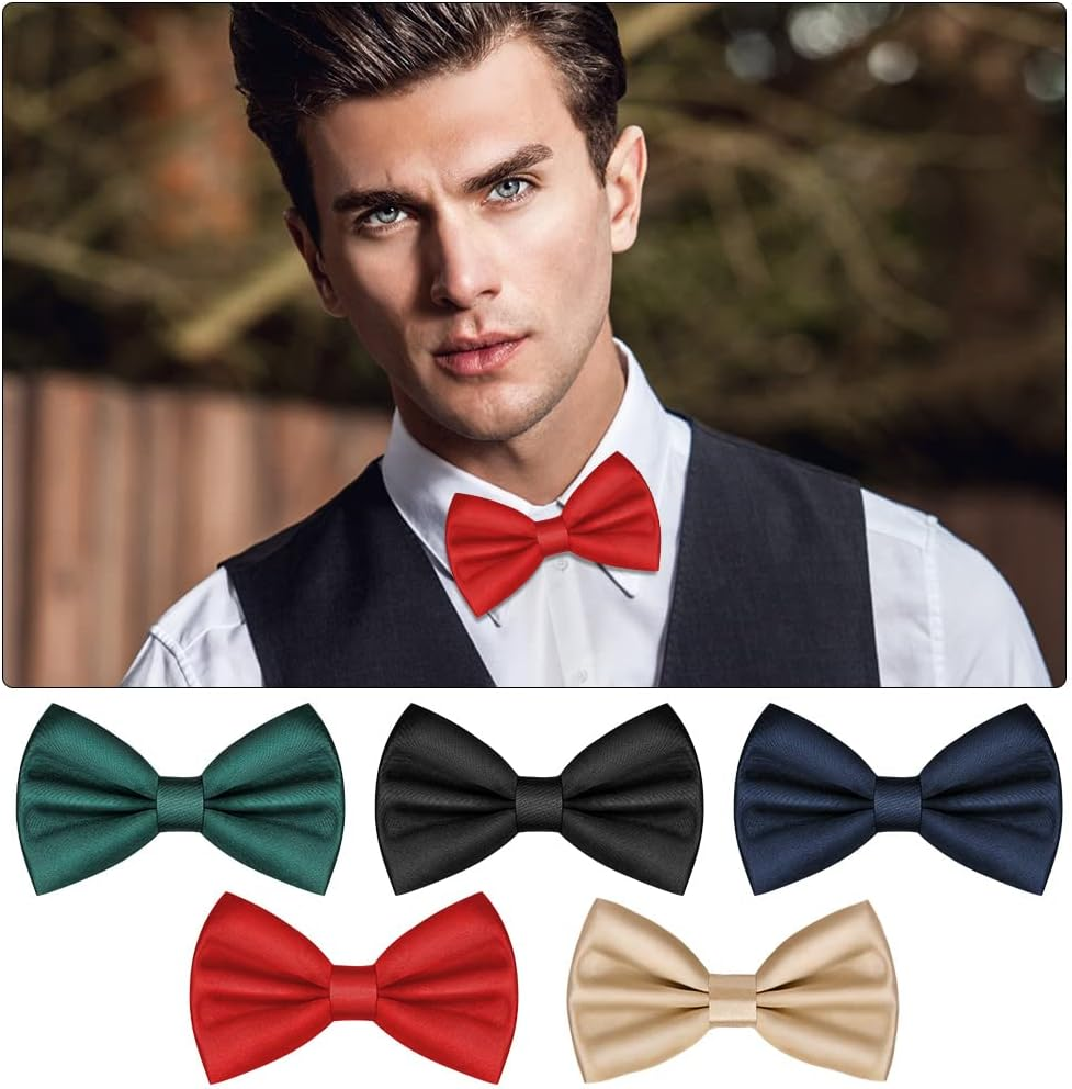 URAQT Men'S Bow Tie, Classic Solid Color Pre-Tied Bow Tie for Men, Satin Tux Bowtie, Adjustable Formal Neck Bowtie for Parties, Wedding image number 4