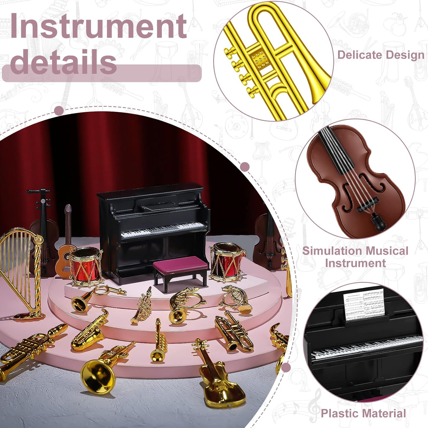 24 Pieces Dollhouse Musical Instruments Miniature Violin Piano Trumpet Saxophone Electric Guitar Tiny Instruments Set for Mini House Musical Room Succulent Garden (Black Piano) image number 4
