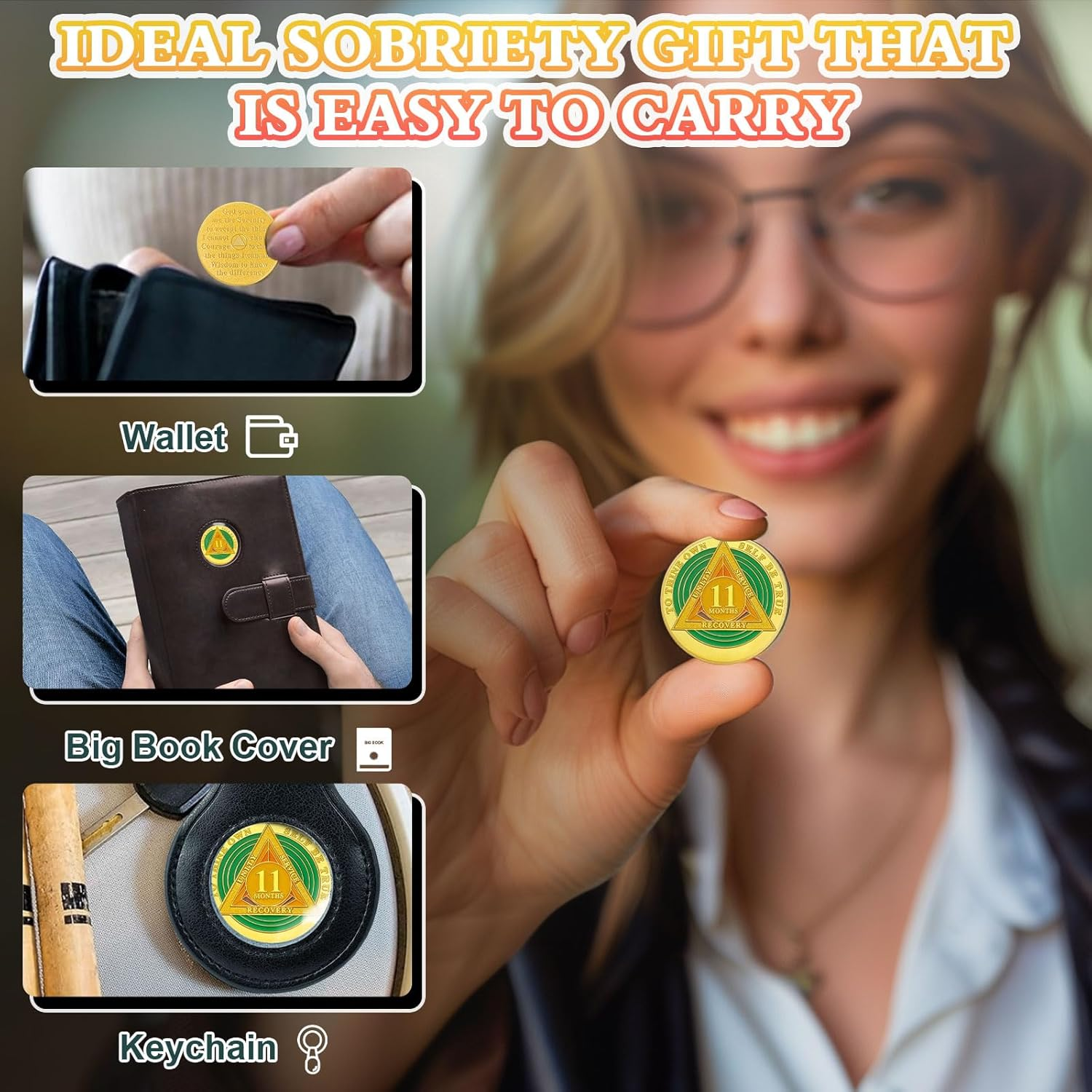 Green Triangle 11 Month Sobriety Coin Eleven Month Sober Gold Coin Rainbow Sobriety Chip AA Chips and Medallion AA Coin Recovery Chip Sobriety Token Sobriety Gifts for Women Men - 2 Month Sober image number 2