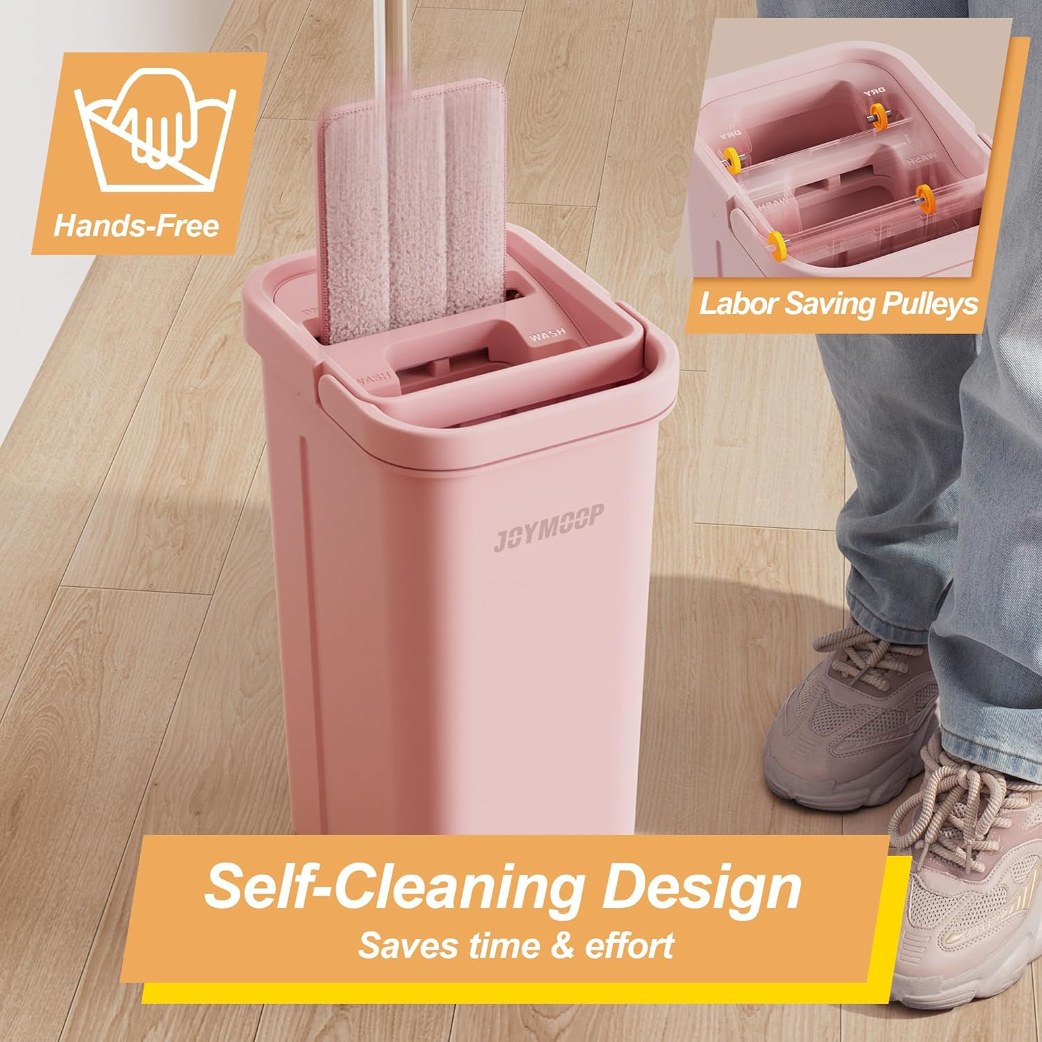 JOYMOOP Pink Mop and Bucket with Wringer Set for Home, with 3 Reusable Microfiber Mop Pads, Hands-Free Self-Cleaning System, Suitable for Floor Cleaning and Wall Cleaner image number 3