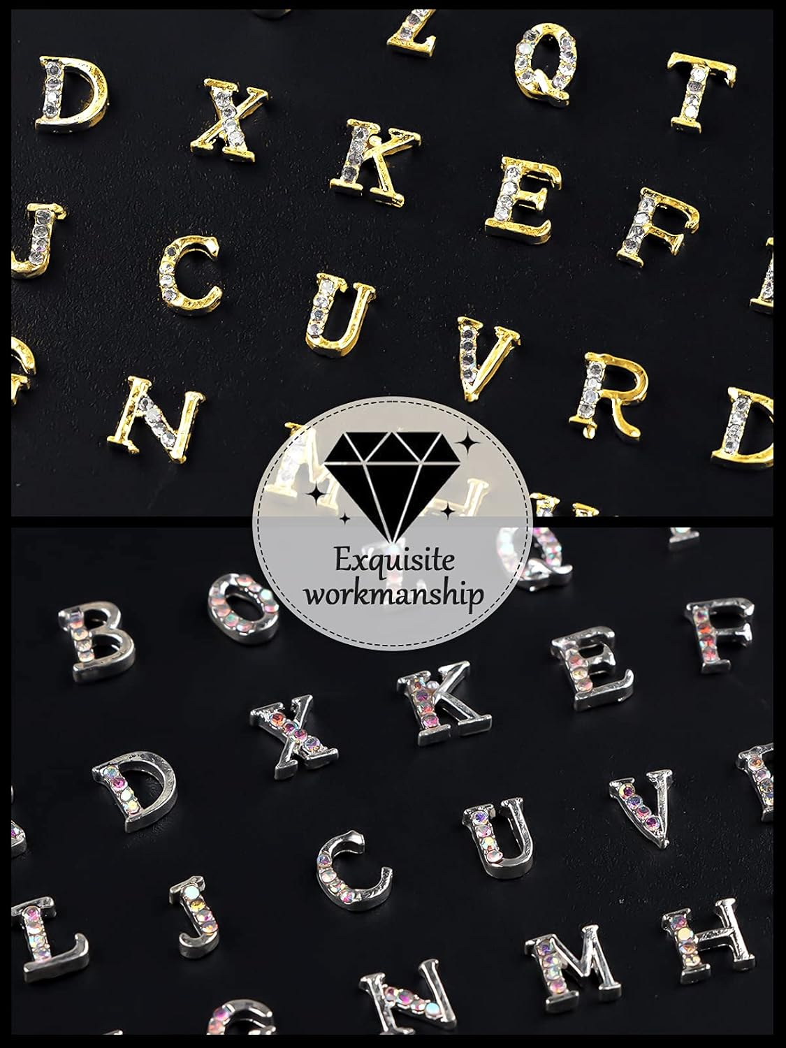 Kalolary 52Pcs Rhinetone Letters Nail Studs, Gold Silver 3D Capital Rhinetone Nail Letter English Alphabet Stud Charm DIY Manicure Nails Jewelry Making Crafts Decoration for Women Girls image number 1