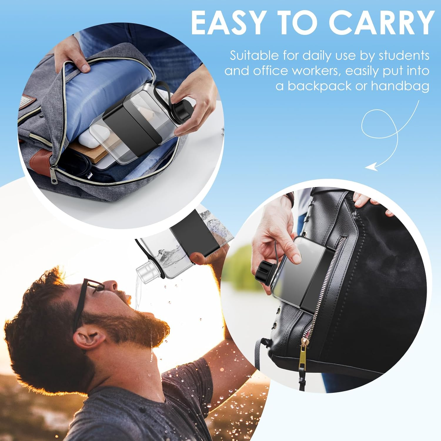 DJAPWPX Flat Water Bottle, Leak Proof Portable Slim Drinking Bottle, Lightweight Large Capacity Slim Traveling Water Mug for Outdoor (Black) image number 6