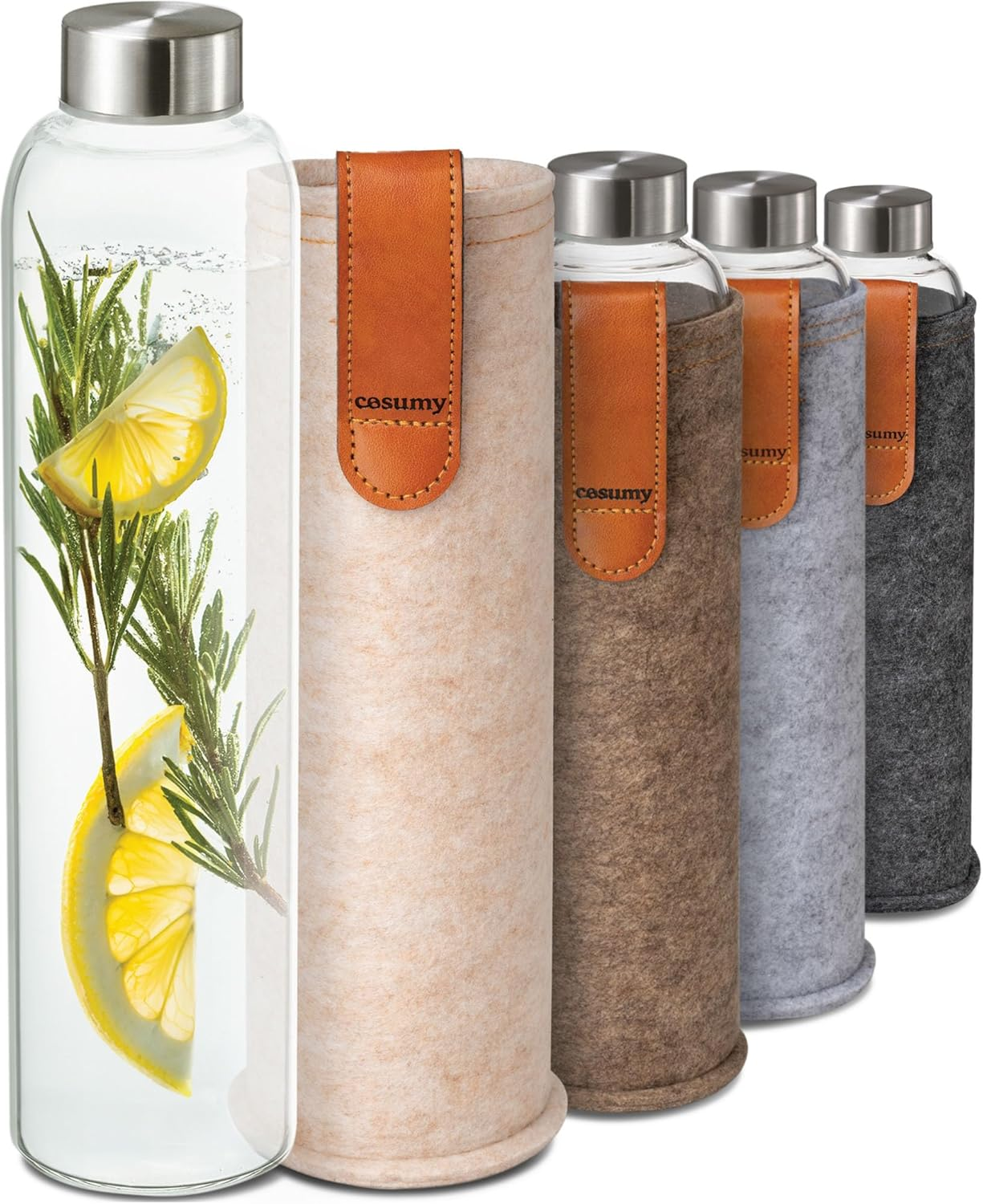 Cosumy Glass Water Bottle with Felt Bag, 750 Ml, Dishwasher Safe, Leak-Proof, Bpa-Free, Suitable for Carbonated Drinks, Beige