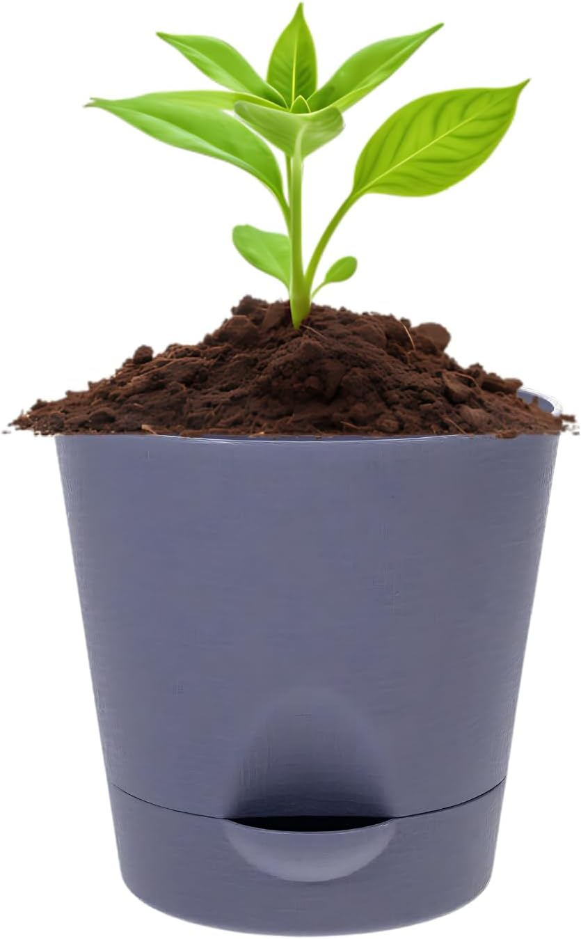 EZONEDEAL Indoor Self-Watering Planters, Planter Pots Indoor Self-Watering Planters with Drainage Holes & Saucers, Plastic Flower Pots, Nursery Planting Pots for Indoor Outdoor Plants (Grey)
