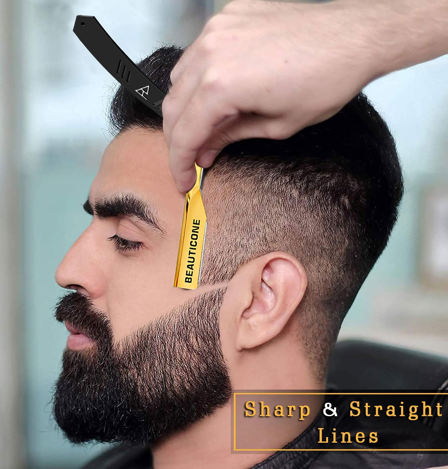 BEAUTICONE Professional Straight Razor for Men with 100 Single Edge Blades | Slide-Out Design (Black and Gold) - Barber Pole Slide-Out image number 6