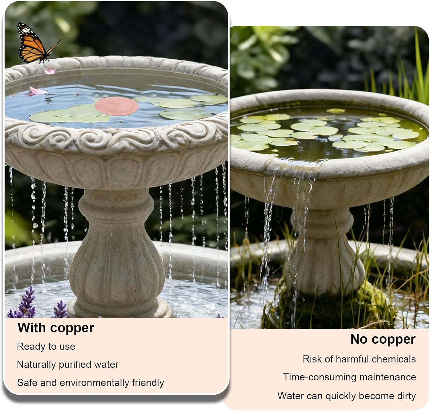 Bird Bath Copper Purification Disk, Triple-Point Support Bird Bath Cleaner Bird-Friendly Outdoor Purification Accessory for All Birdbaths & Bowls image number 5