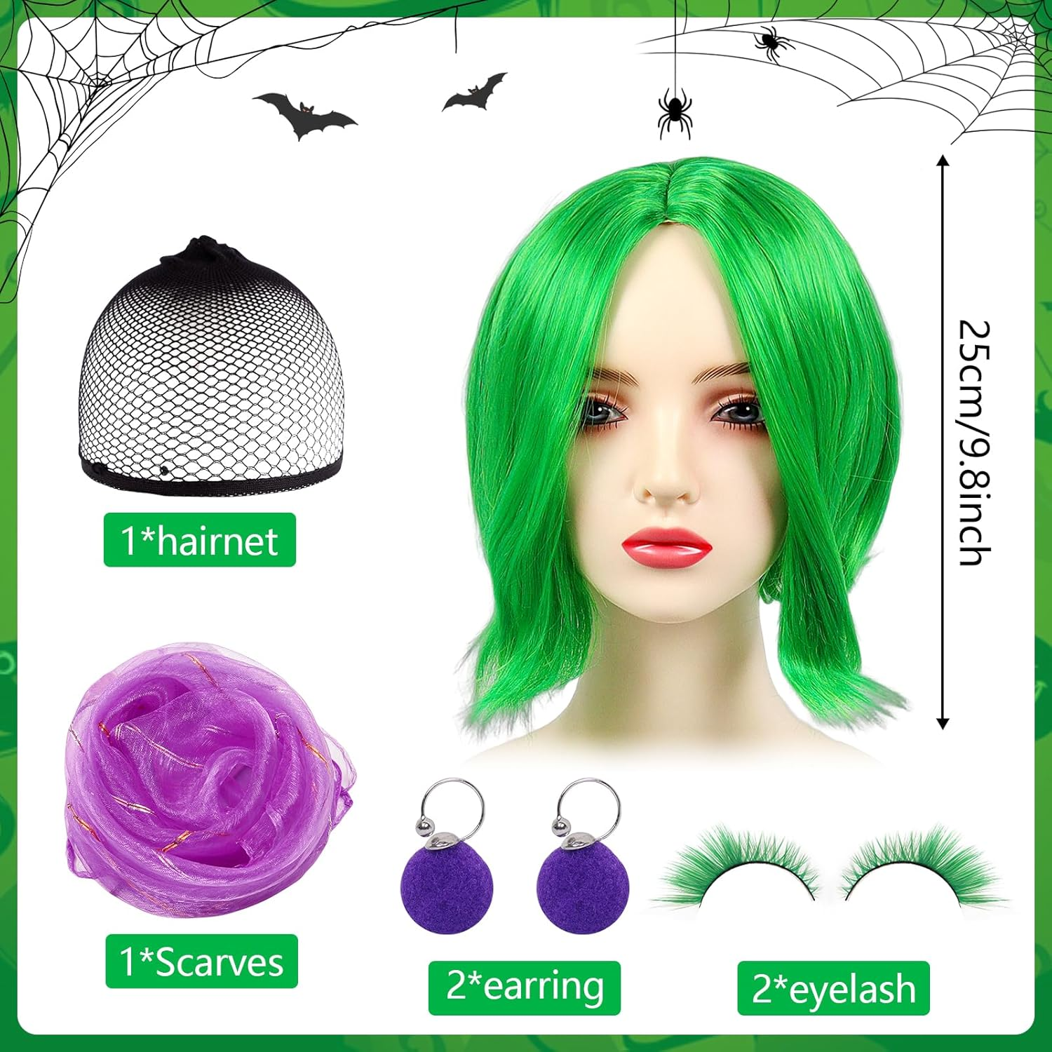 Short Green Wig, Green Wigs with Green False Eyelashes, Purple Scarf and Earrings, Women'S Green Wig Short, Disgust Anime Cosplay Wigs for Halloween Costume Carnival Theme Party image number 6