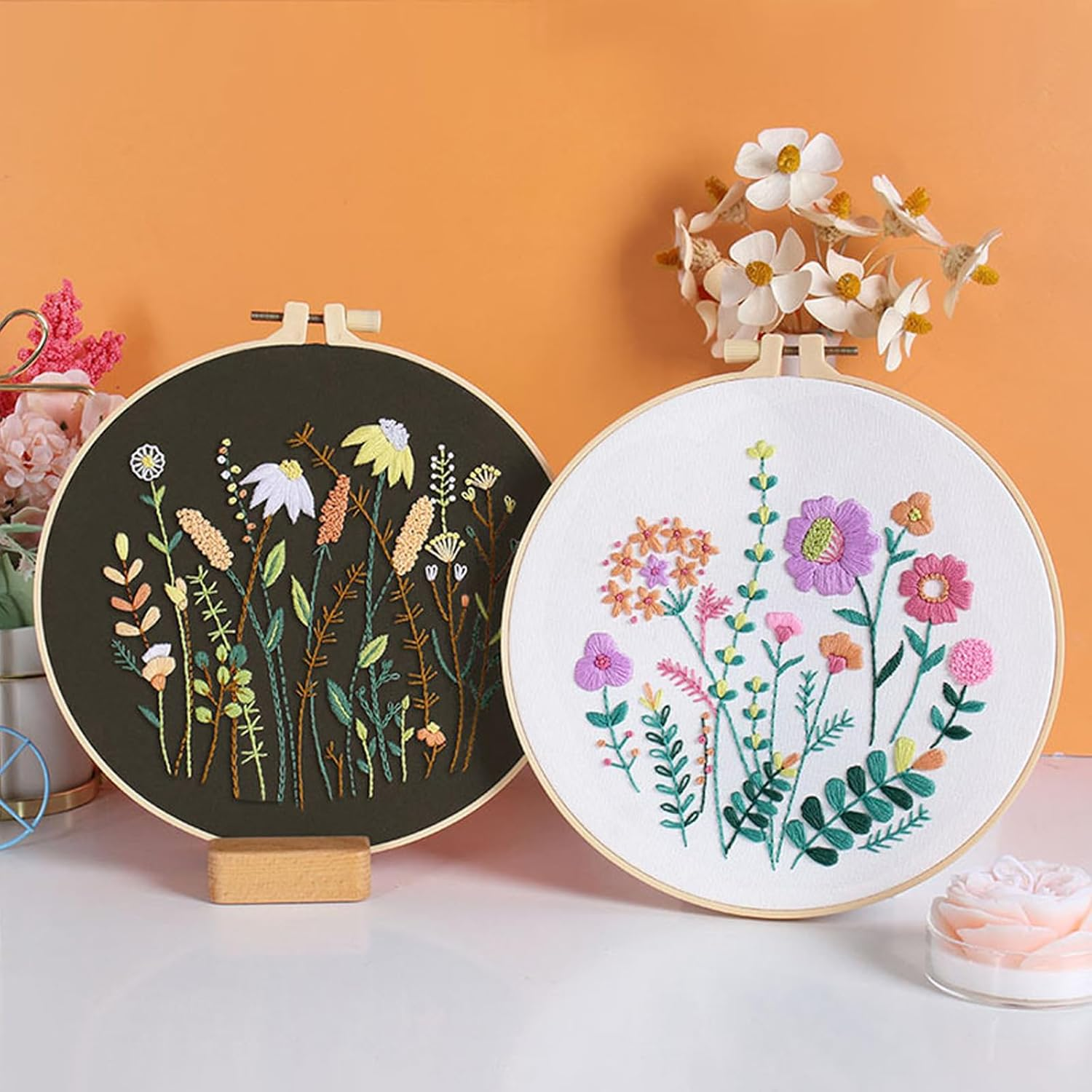 REGODI 3 Sets Embroidery Stitches Practice Kit for Beginners with Patterns Cloth Hoops Threads