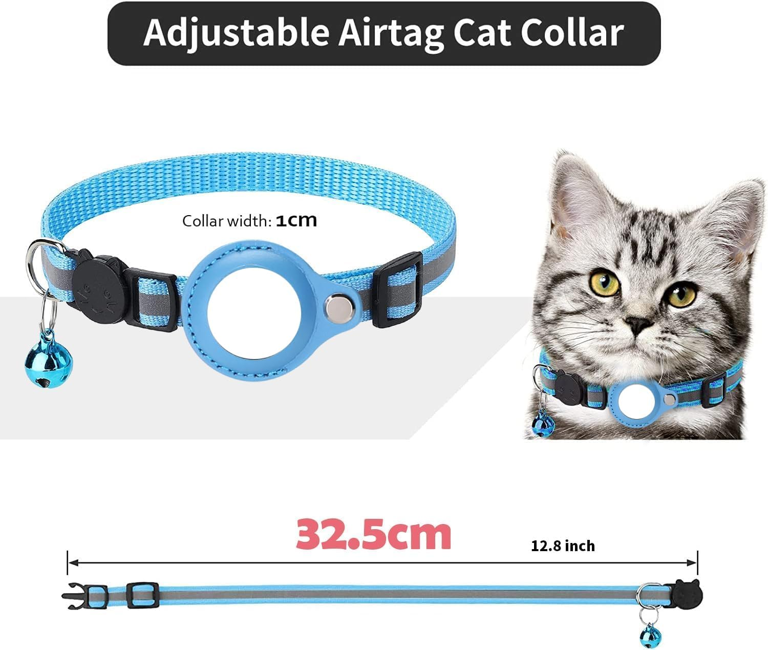 3 PCS Airtag Cat Collars, Reflective Kitten Collar with Breakaway Bell, Dog Collar Accessory with Safety Buckle for Apple Air Tag, Cat Collar Waterproof Airtag Holder Quick Release for Puppy (PK) - Bl image number 6