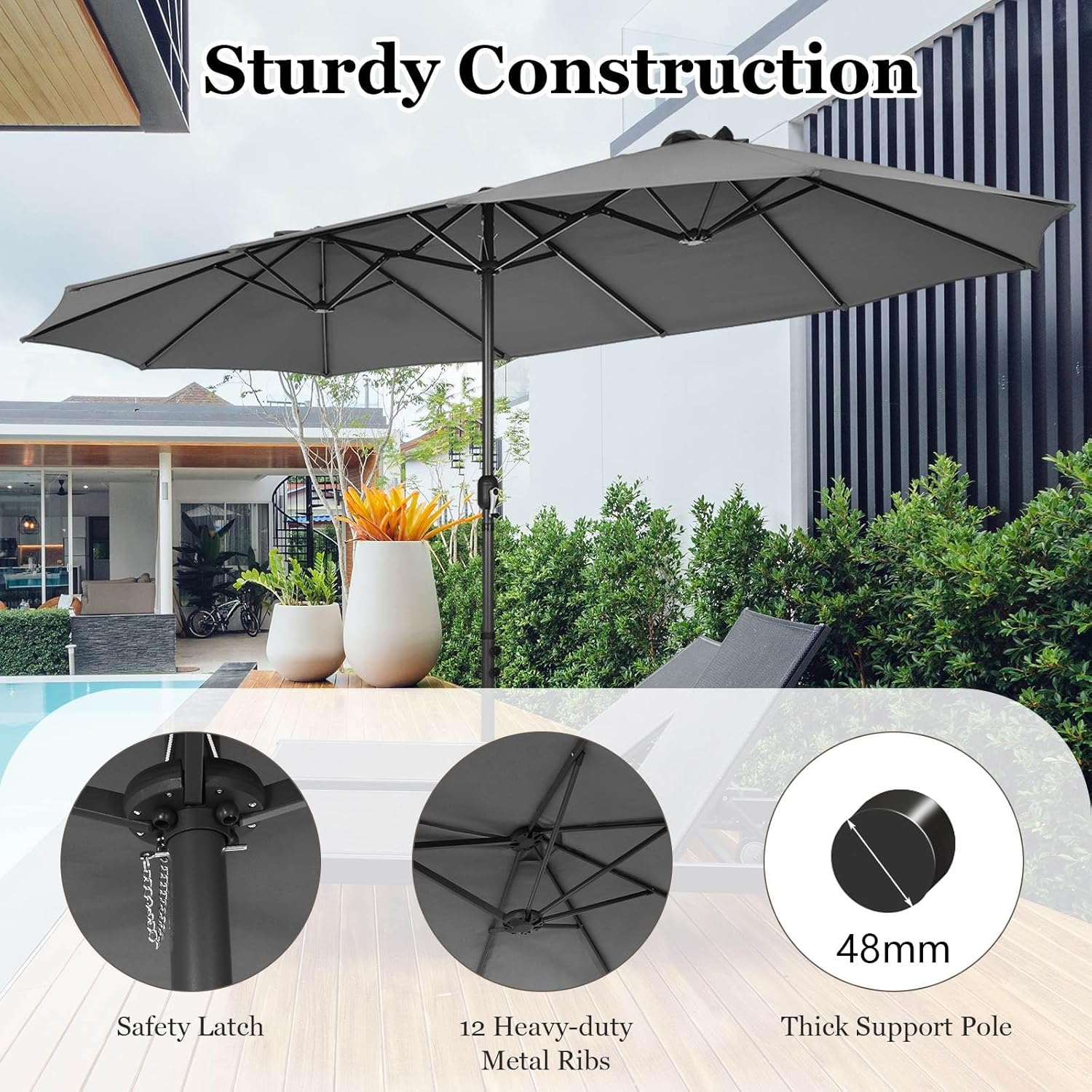 4.7M Double-Sided Patio Umbrella, Outdoor Extra Large Umbrella W/Hand-Crank System & Air Vents, Market Twin Umbrella with 12-Rib Sturdy Metal Frame for Poolside, Garden & Backyard