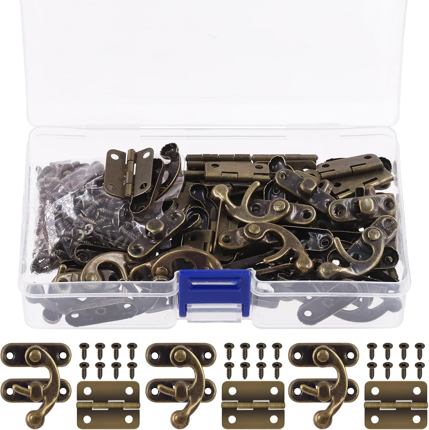 Mardatt 40Pcs Bronze Mini Box Hinges and 20 Sets Antique Right Latch Hook Hasp with 240Pcs Replacement Matching Screws Kit Jewelry Box Hasp Catch Swing Arm Latch for Decorative Cabinet Drawer