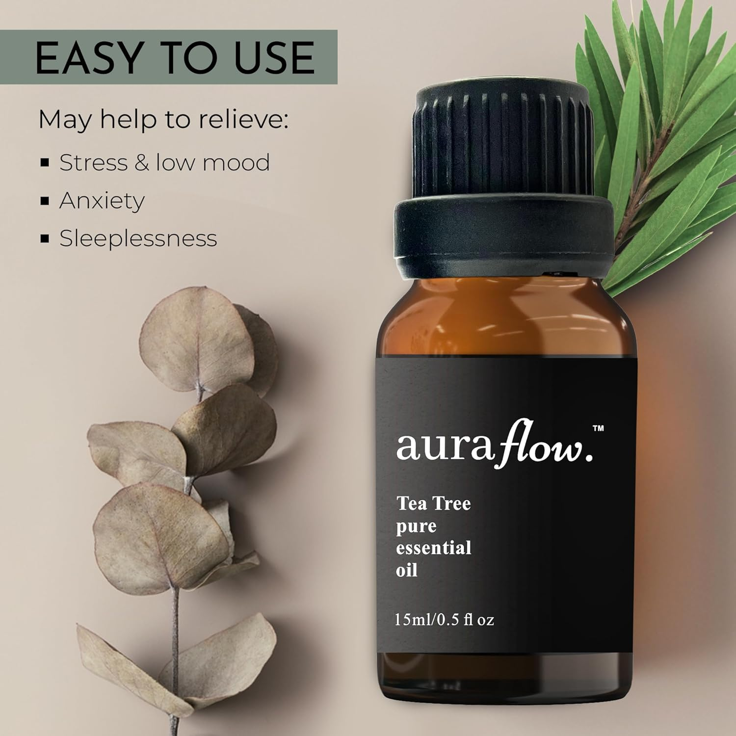 AURAFLOW 15Ml Premium Tea Tree 100% Pure Plant Based Essential Botanical Oil for Aromatherapy, Yoga, Zen, Sleep, Relax, No Stress, Essential Oil for Diffuser, Skin, Face, Hair & Perfume image number 4