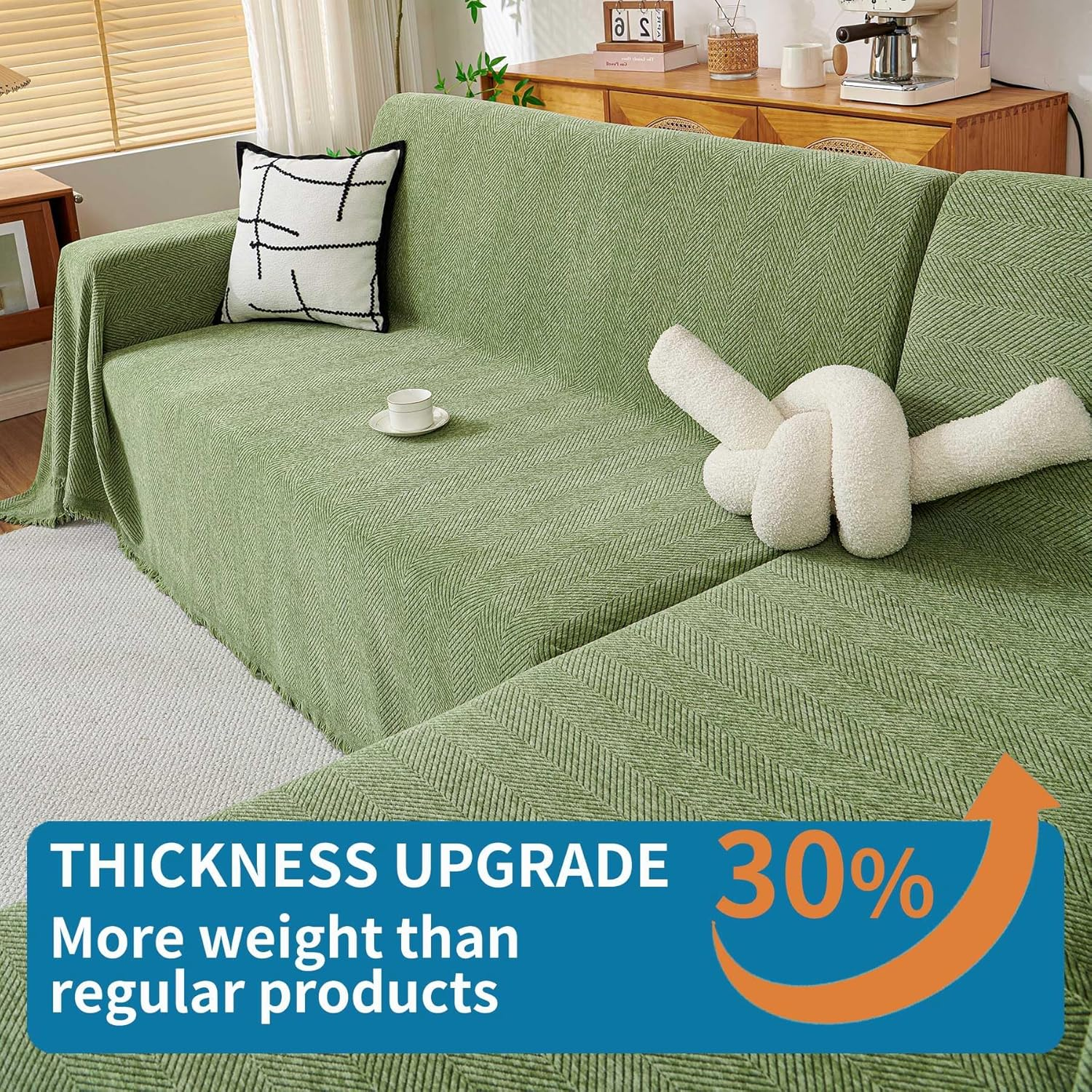 HAOMAIJIA Chenille Couch Cover Sofa Covers for 3 Cushion Couch Washable Sectional Couch Covers for Dogs Pet Furniture Protector Couch Cover Blanket for Living Room (Sage Green, 91"X118") image number 3