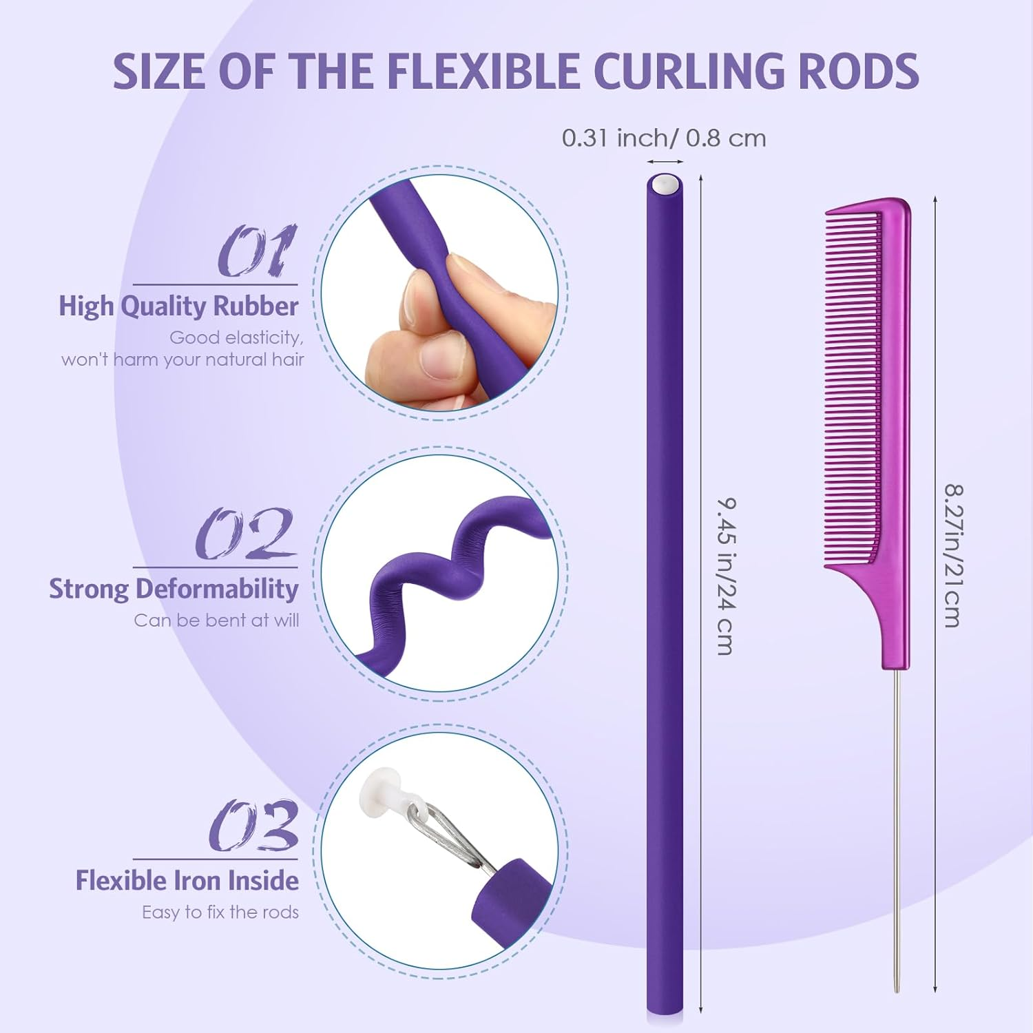 Syhood 30 Pieces Flexible Curling Rods Twist Foam Hair Rollers Soft Foam No Heat Hair Rods Rollers and 1 Steel Pintail Comb Rat Tail Comb for Women Long Short Hair(9.45 X 0.3 Inch,Purple) image number 2