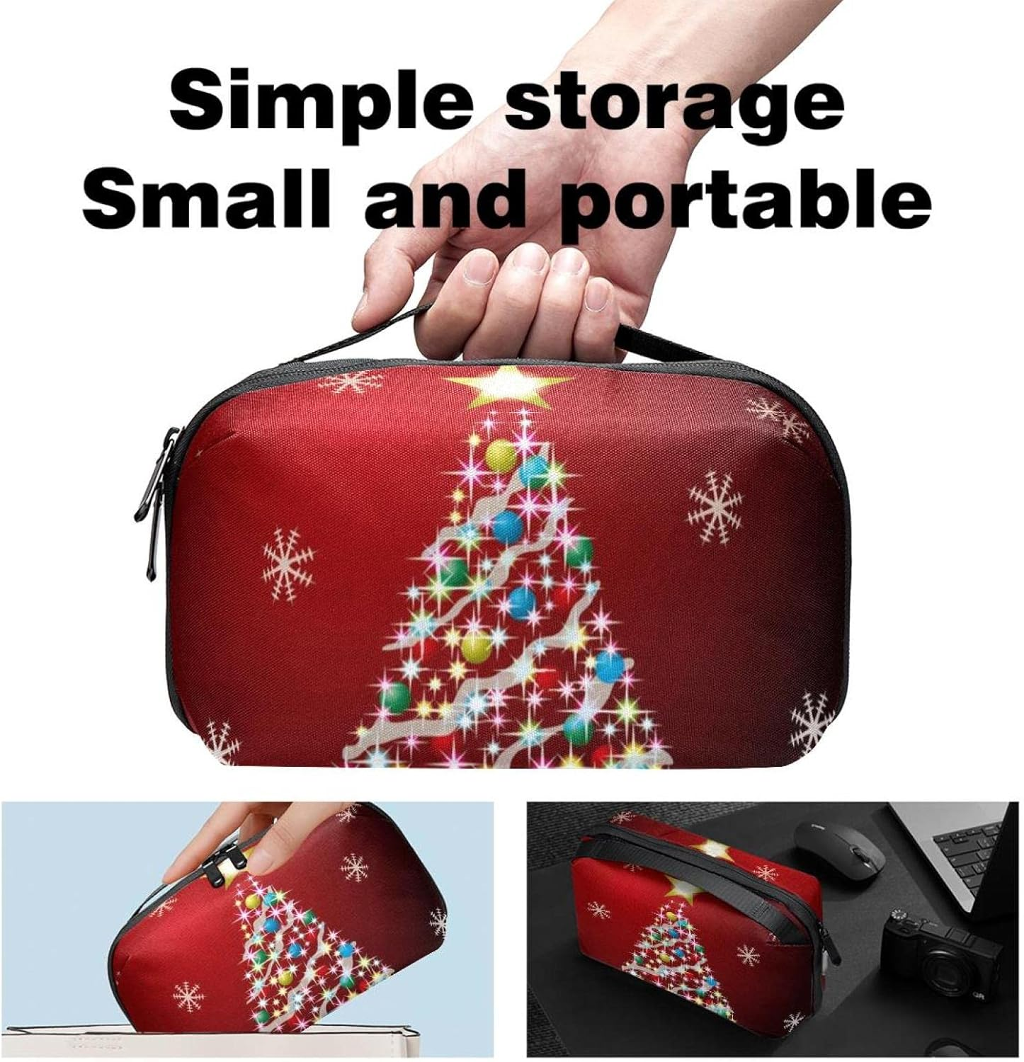 Travel Toiletry Bag for Women and Men, Water-Resistant Shaving Bag for Toiletries Accessories, Christmas Colored Tree Snowflakes Vintage image number 4