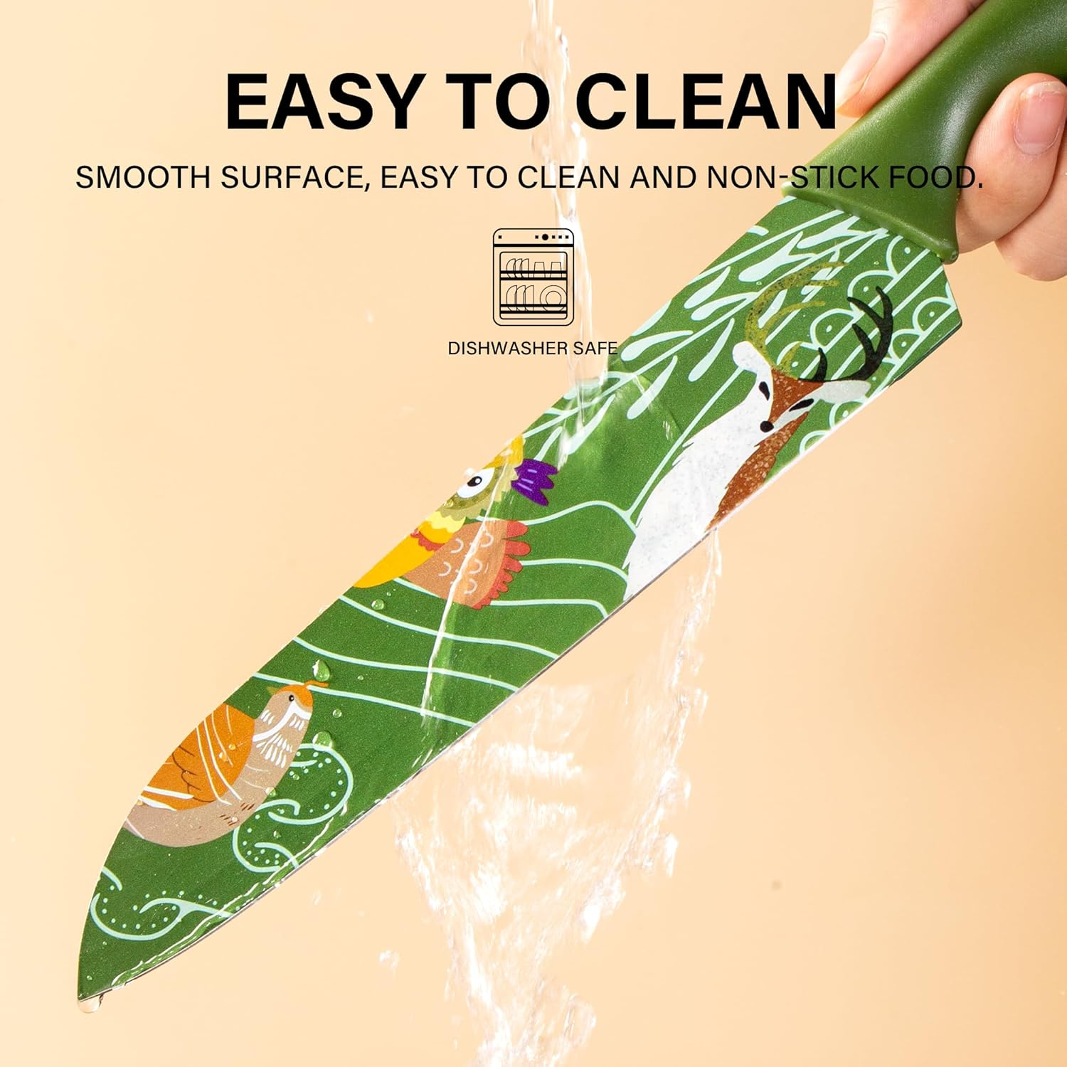 WILLKOMMEN Kitchen Knife Set 3 PCS, Professional Sharp Stainless Steel Chef&rsquo;S Knife Set, Food Grade Non-Stick Color Printing Animals Pattern Knives Set, Good Choice for Birthday, Housewarming (Green) image number 6