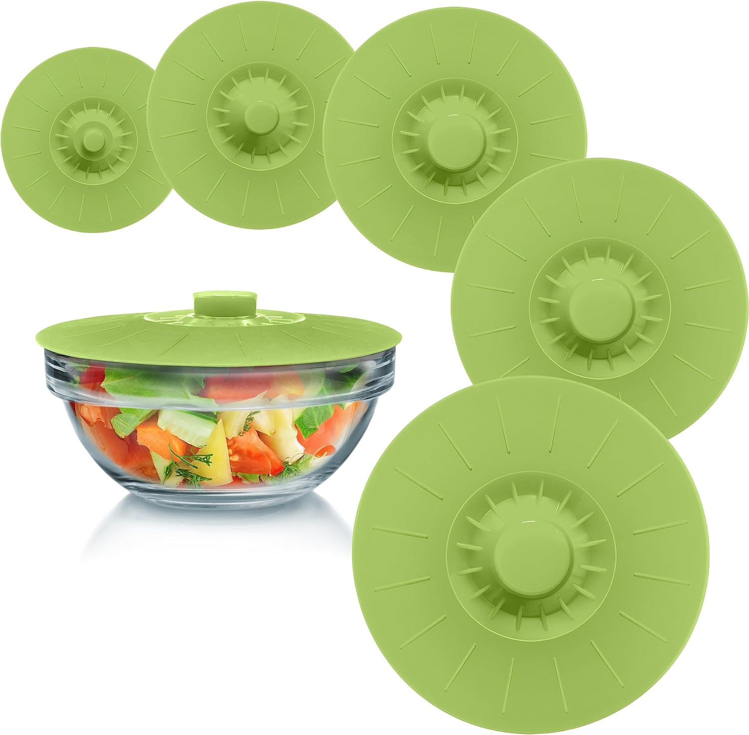 Silicone Bowl Lids Red, Set of 5 Reusable Suction Seal Covers for Bowls, Pots, Cups. Food Safe Natural Grip, Interlocking Handles for Easy Use and Storage.