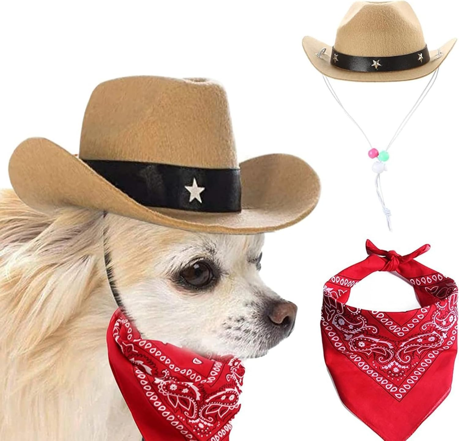 Dogs Cat Pet Cowboy Costume Cowboy Hat with Bandana Set for Halloween, Christmas, Holiday, Party, Cosplay (Khaki, Small) image number 3