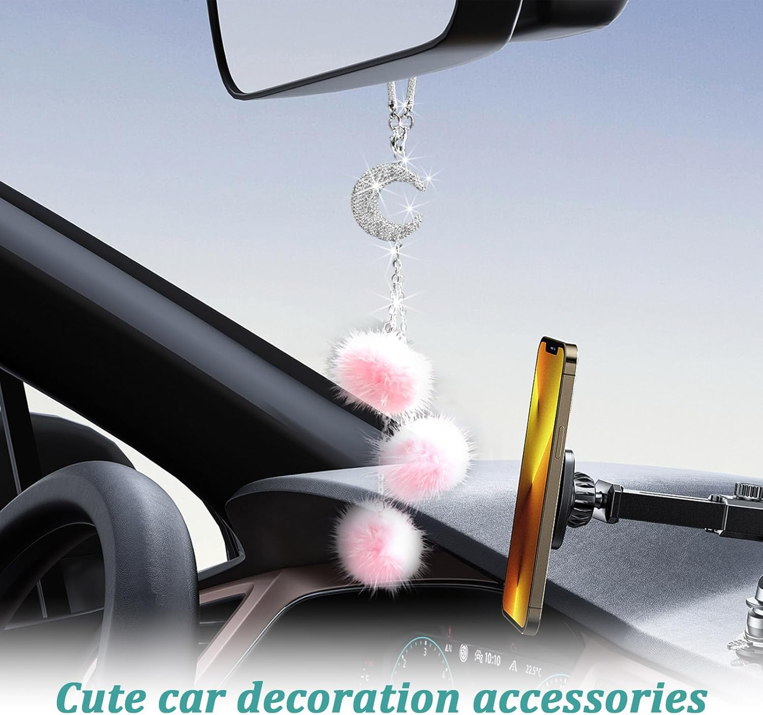 Ziciner Bling Diamond Heart Car Interior Accessories, Car Mirror Hanging Ornament for Women, Love Heart & Pink Plush Ball Decor Ornament Pendant, Car Hanging Decoration Charm Pendant (Moon/Pink)