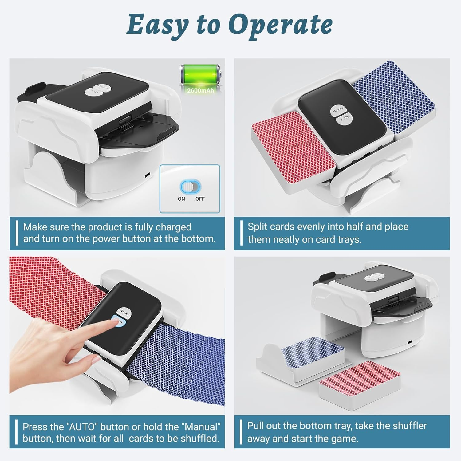 2025 New Automatic Card Shuffler 1-2 Deck, 2600Mah USB-C Rechargeable Electric Card Shuffler, Quiet Portable Shuffler for UNO Poker Blackjack, One-Press AUTO & Manual Modes