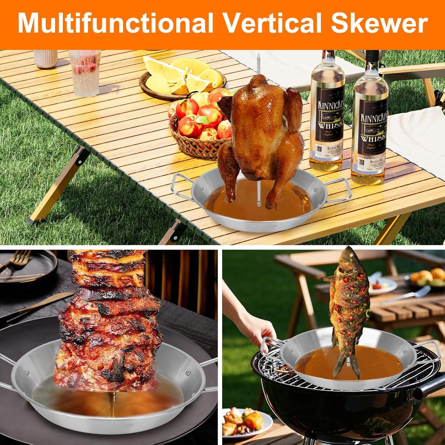 Al Pastor Skewer for Grill, Stainless Steel Vertical Skewer Shawarma Stand Vertical Spit with 3 Removable Spikes(8&rdquo;/10"/12&rdquo;) & Brushes Gyro Pan for Tacos, Kebabs Smoker,Bbq image number 4