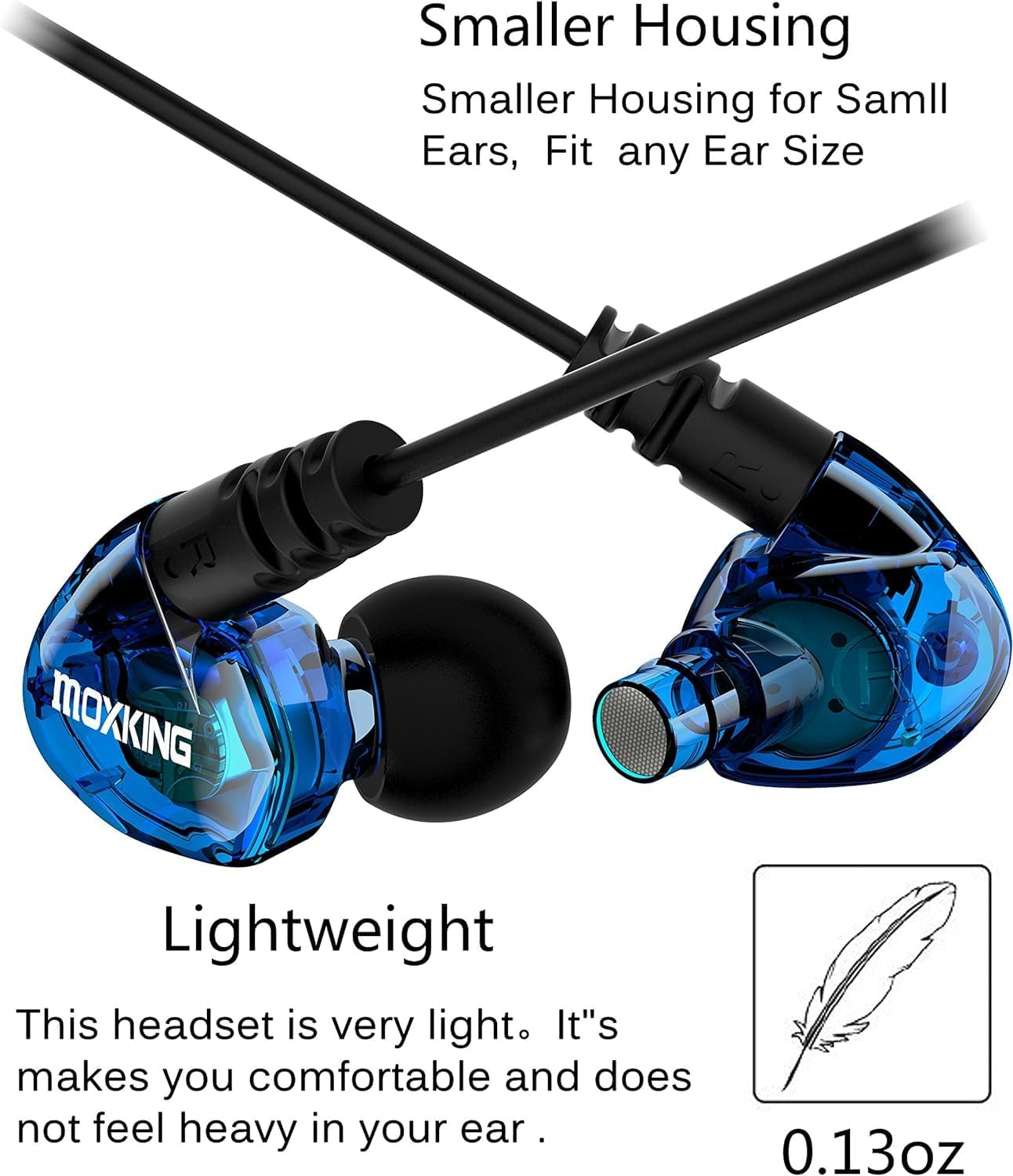 MOXKING Sports In-Ear Headphones, Wired In-Ear Headphones, Noise Isolating, Waterproof Earplugs, Reinforced Bass Stereo Headphones for Running and Fitness, with Microphone and Remote Control (Blue) image number 5