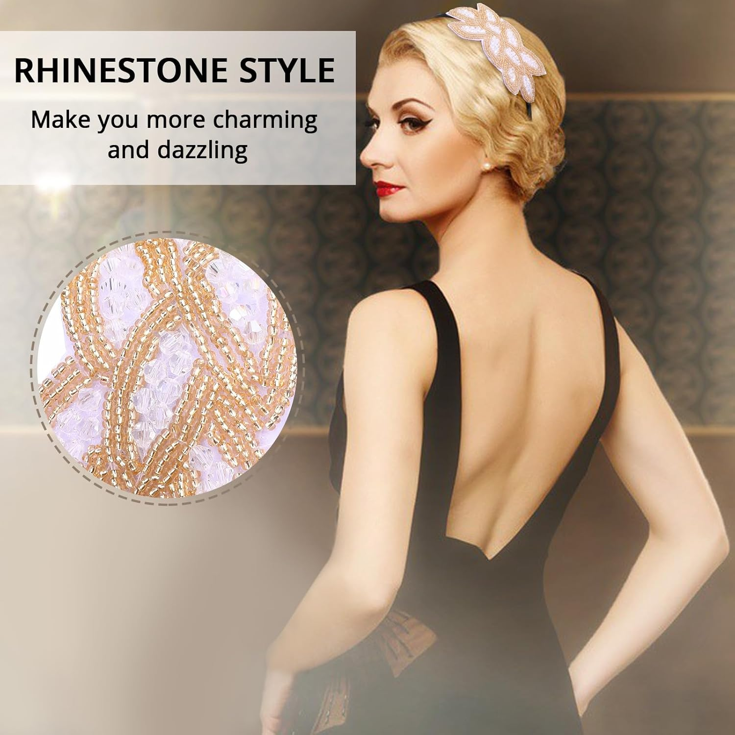 1920S Headbands for Women Head Bands Accessories Crystal Bridal Wedding Black Headpiece 20S Rhinestone Flapper Vintage Hair Valentines Accessory for Girls Costume Prom Party Art Deco (White Gold) image number 2