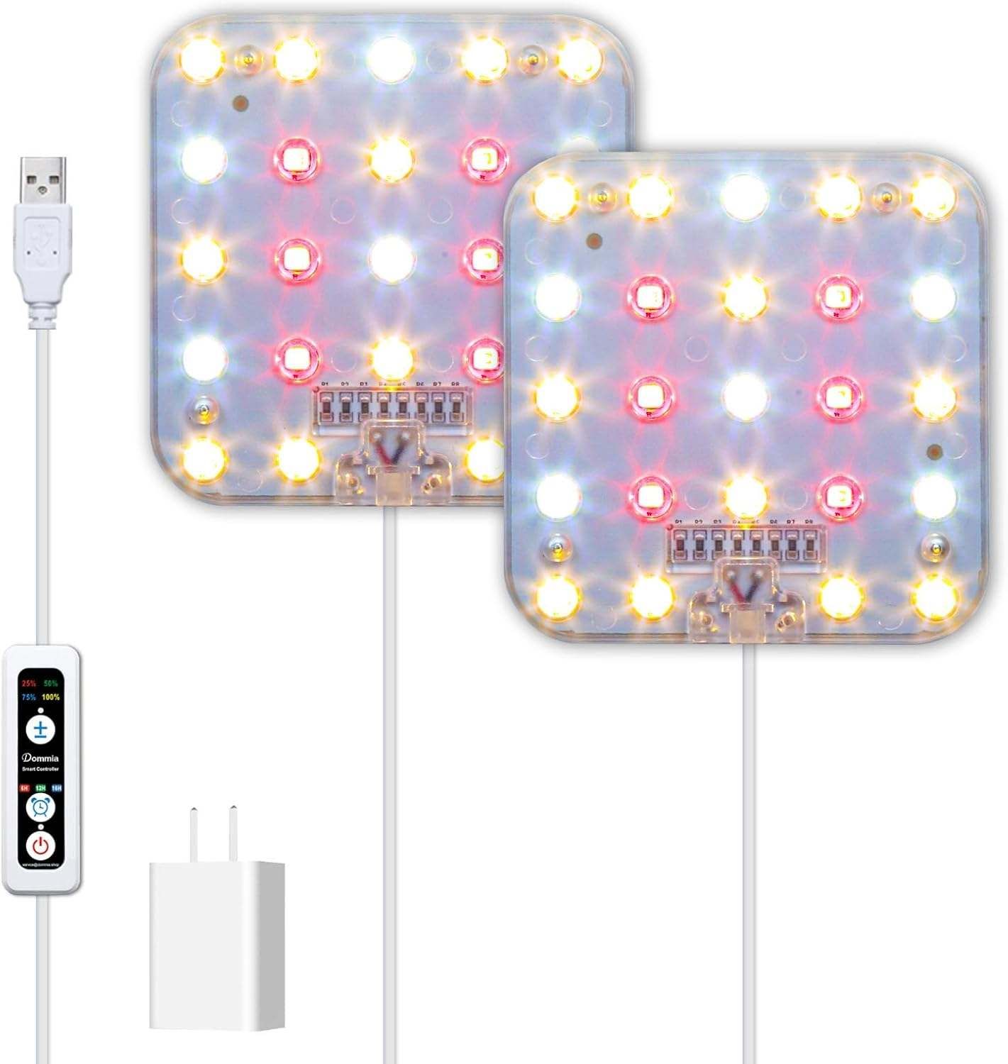 DOMMIA Grow Lights, 2-Pack Natural White Dimmable Grow Lights for Indoor Plants Full Spectrum with Optical Lens, LED Grow Light with Timer 6/12/16H, under Counter Plant Light with Adapters