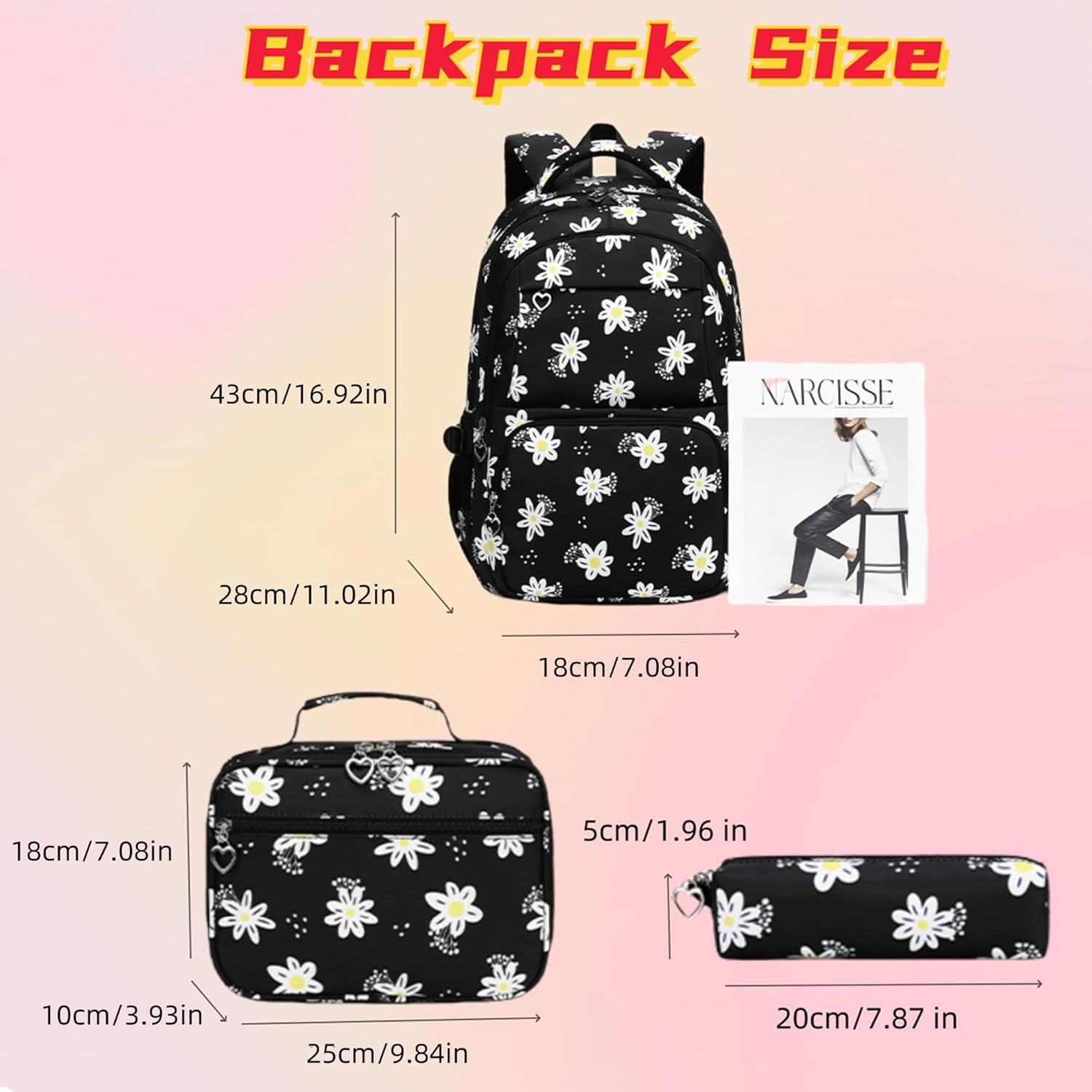 ZHANAO Flower Girls Backpack Set for Middle School Students School Bag for Girls Bag with Lunch Box 3Pcs Bookbag Set - Flower-Grey image number 5