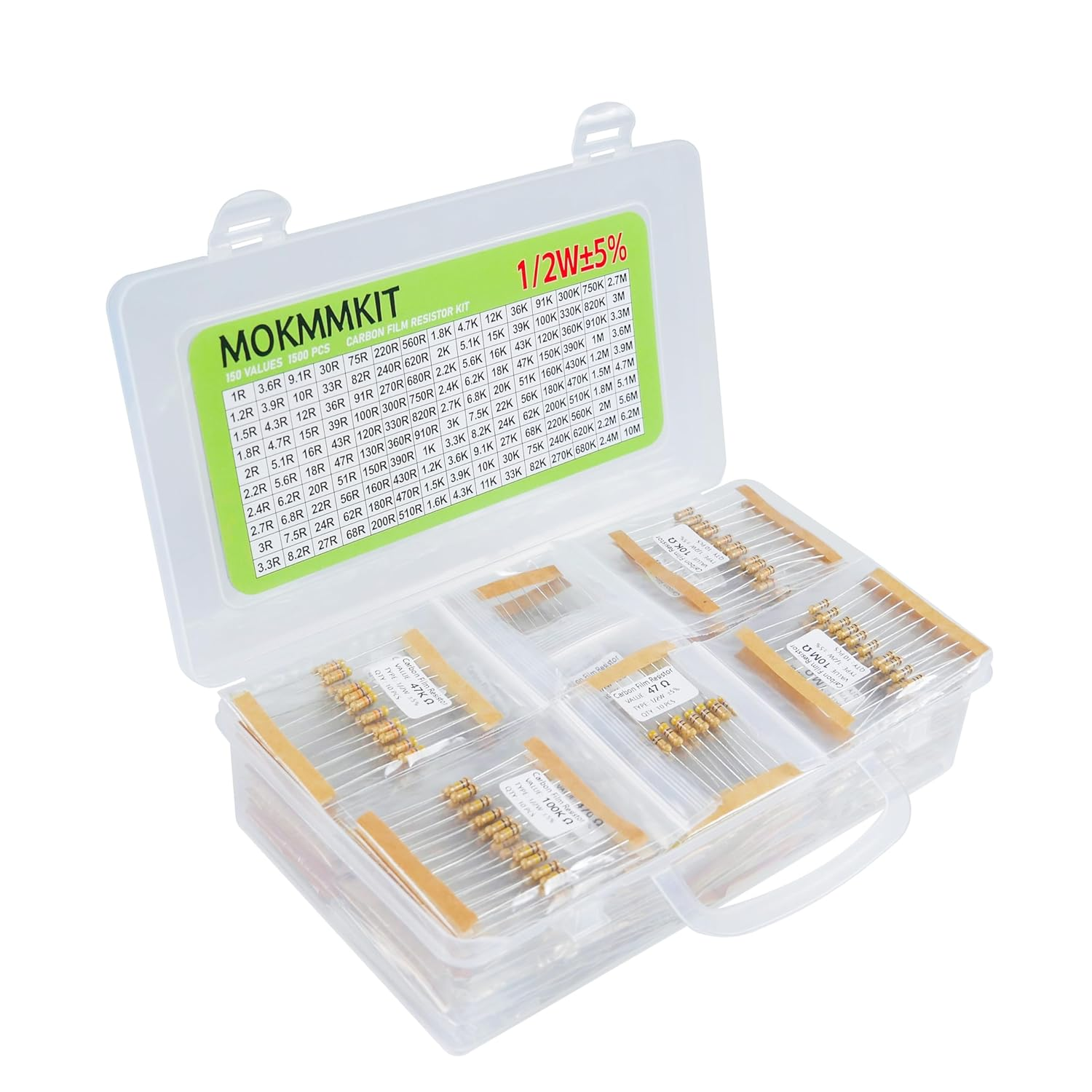 150 Values 1500 Pieces Resistor Kit 1 Ohm-10M Ohm 1/2W 5% 0.5 Watt Carbon Film Resistors Assortment Kit image number 4