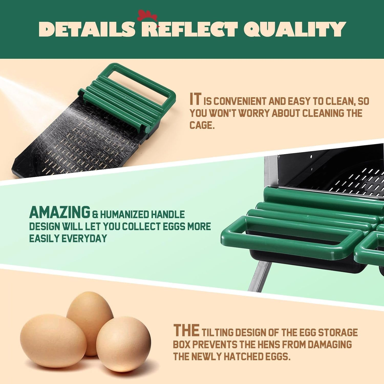 Chicken Nesting Box 3 Compartments Roll Away Hen Chook Laying Nest Boxes Coop Poultry Egg Brooder Roost Perch Galvanised Steel Plastic with Stand