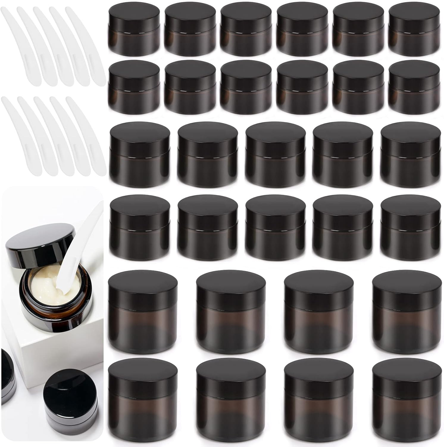 Swpeet 40 Packs 0.18Oz 0.35Oz 0.7Oz Amber Glass Jar with Lid and Plastic Spoon Assortment Kit, round Containers Cosmetic Glass Jars with Inner Liners and Lids Travel Jars Cosmetic Containers