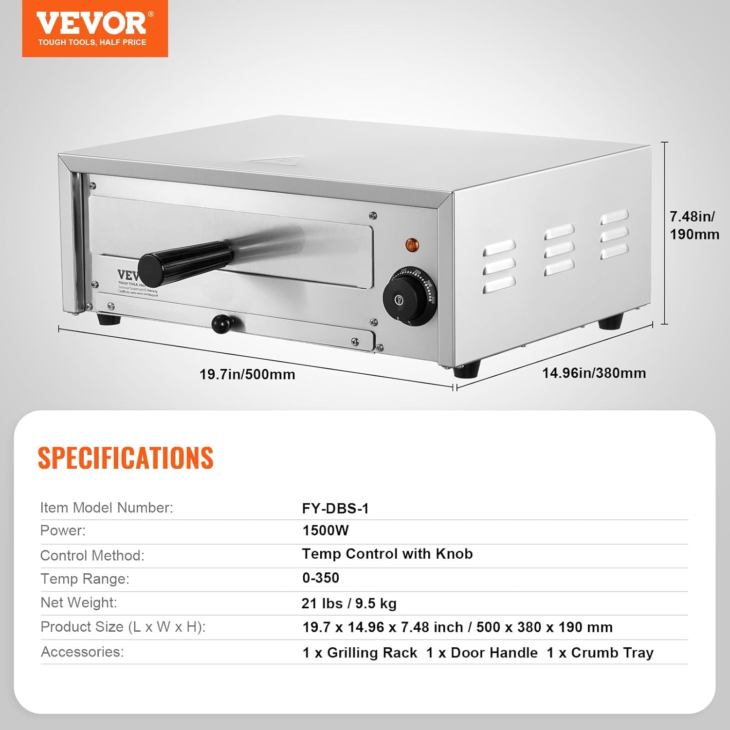 VEVOR Countertop Electric Pizza Oven, 12-Inch, 1500W, 50-350℃ Temp Range, Stainless Steel Construction and Easy-To-Clean Crumb Tray, Suitable for Both Commercial and Home Use image number 2