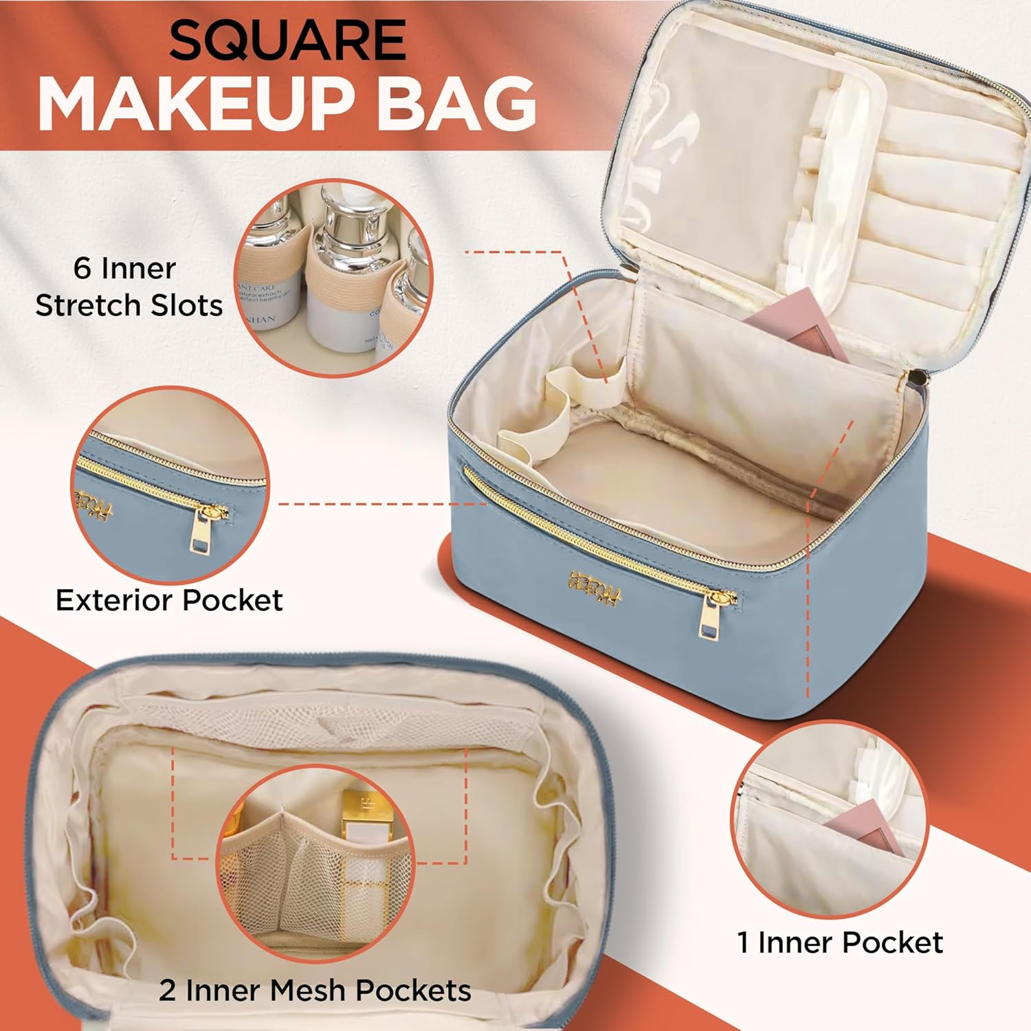 Leesh & CO Makeup Bag - Large Travel Cosmetic Organizer with Brush Holders for Women - Eco-Friendly Vegan Leather, Waterproof & Durable Cosmetics Bag - Perfect for Toiletries, Beauty Products (Blue) image number 1