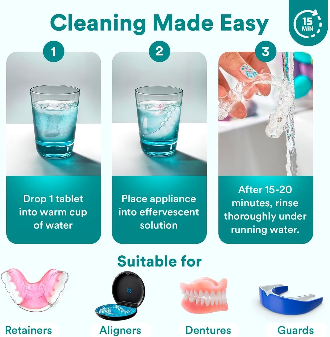 Weiss Naturals Retainer Cleaner Tablets, Invisalign Cleaner, Remove Stains, Odors & Plaque, PERSULFATE FREE Night Guard & Denture Cleaner 1-Month Supply, 30 Mint Scented Tablets image number 1