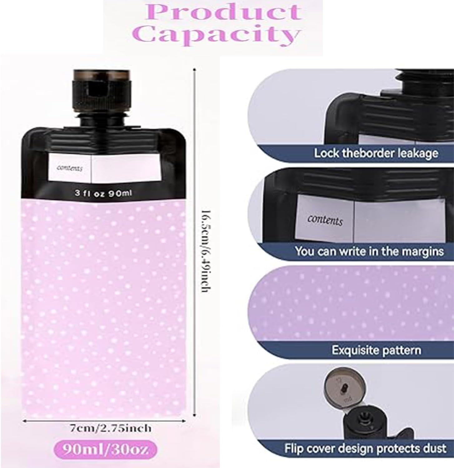 Roczential 6 Pcs Leak Proof Refillable Compression Bag, 90Ml Colorful Leak Proof Refillable Squeeze Pouches, Refillable Travel Pouches Proof Squeeze for Shampoo Conditioner Lotion Soap Hand Soap image number 1