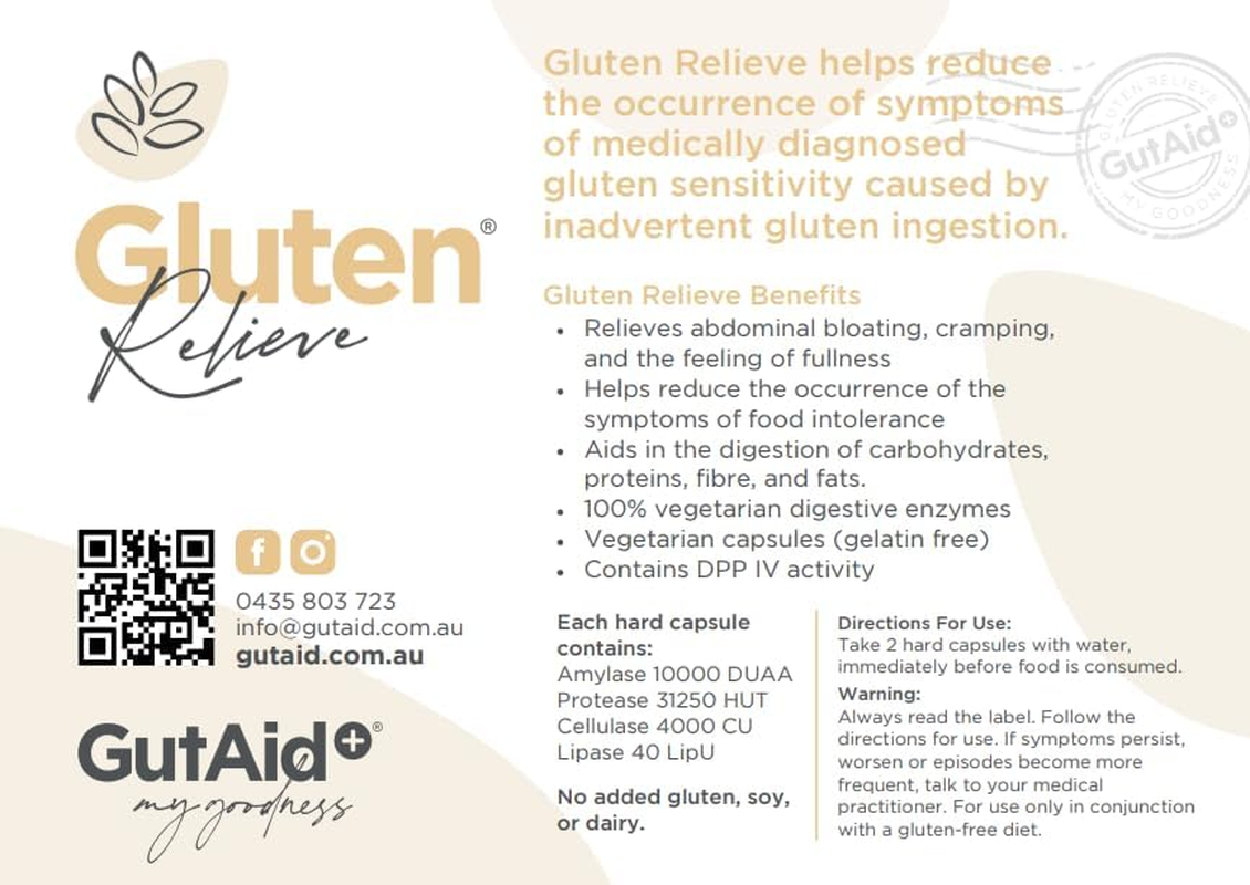 Gutaid+ Gluten Relieve 40 Capsules | Reduces Symptoms of Medically Diagnosed Gluten Sensitivity Caused by Inadvertent Gluten Ingestion. Maintains and Supports Healthy Digestion and Nutrient Absorption. Relieves Digestive Discomfort