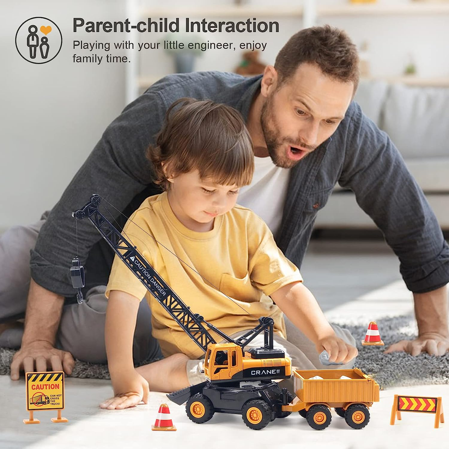 Hapavis Crane Toys Construction Truck Inertia Vehicle Engineering Car with Trailer Road Signs for Kids Boys Girls Birthday Gift image number 3