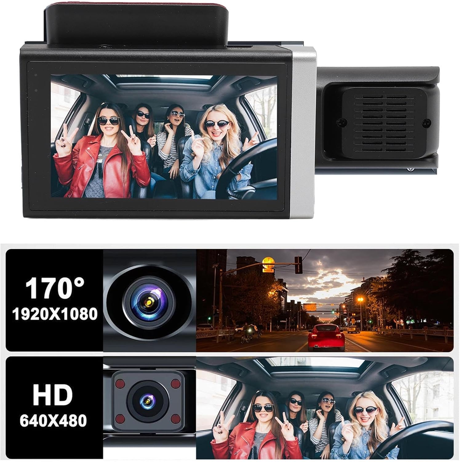 Dash Cam, 3 Channel Dash Cam, 3Inch 1080P HD Screen Night Vision Wide Angles Emergecy Lock Stop Triple Camera Driving Recorder image number 5