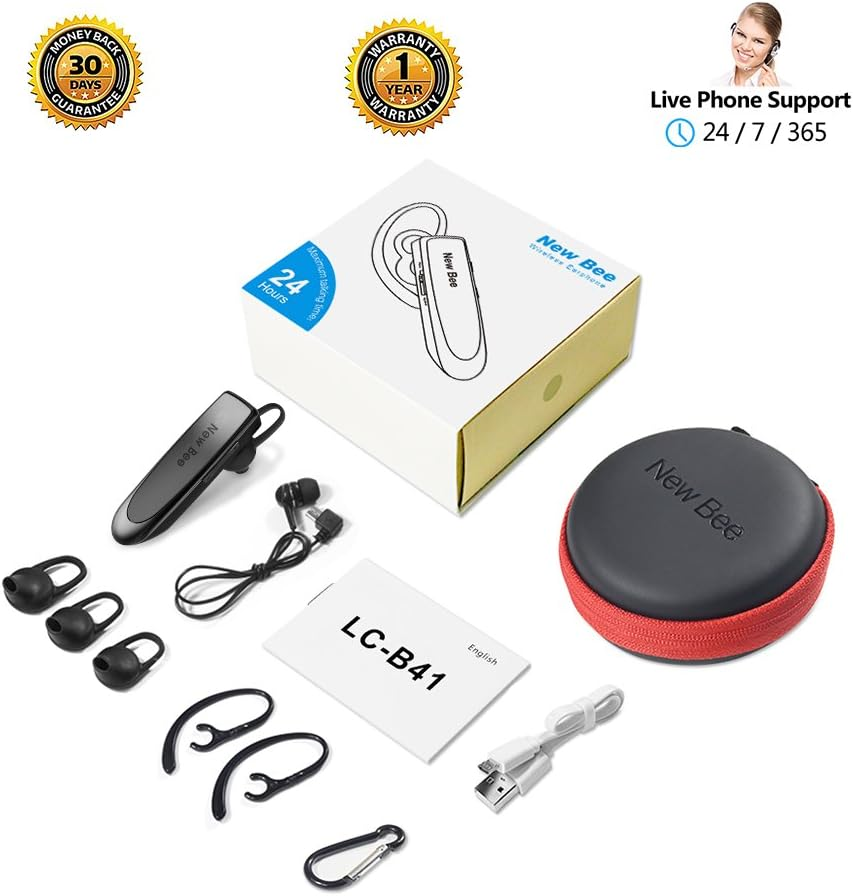 Bluetooth Headset Handsfree Wireless Bluetooth Earpiece New Bee Driving Earphone with Noise Cancelling Microphone 24 Hrs Talk Time Business In-Ear Headphones Earbuds for Apple Iphone X 8 7 6 6S, Samsung Galaxy, HTC, LG, SONY, PC, Laptop (Black) (Black) image number 6