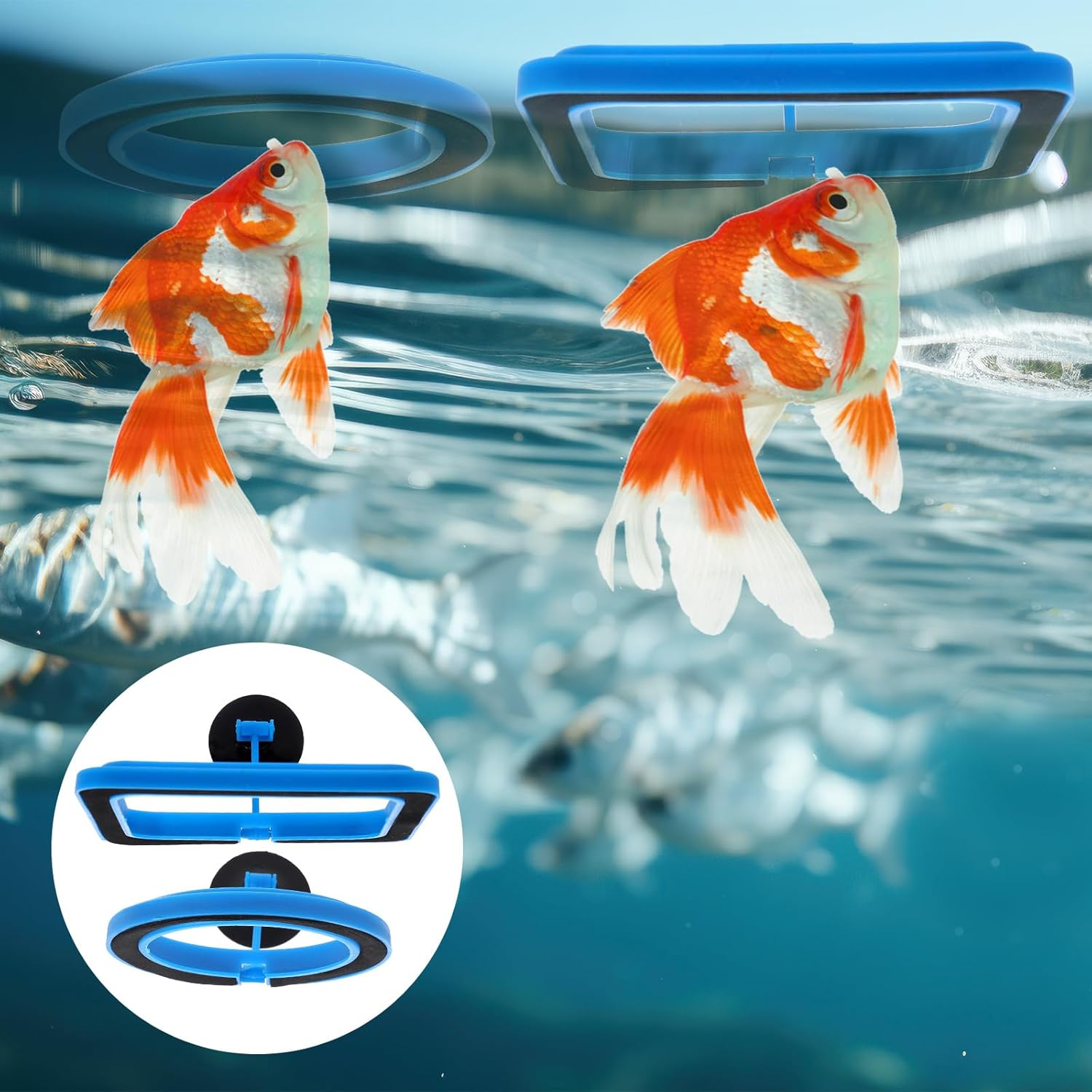 2 Pcs Fish Feeding Rings, Bule Aquarium Floating Plant Rings Fish Feeder Food Feeder Circle round and Square Aquarium Accessories for Bettas Guppy Goldfish Floating Plants in Place image number 4