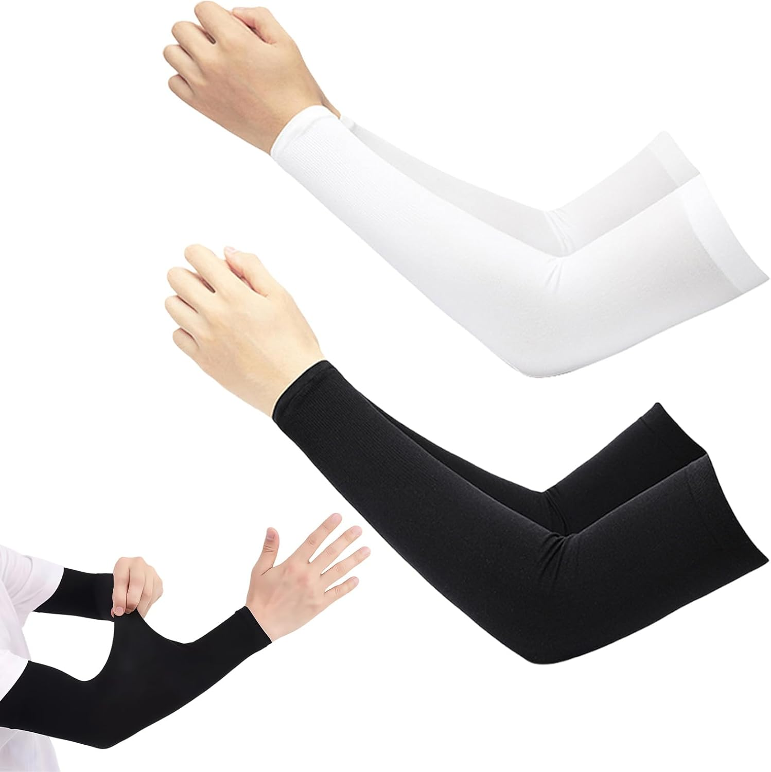 Jeyzuroa 2 Pairs UV Protection Arm Sleeves Cooling Compression Sleeves for Men Women Youth, Arm Support for Cycling Baseball Basketball Driving, One Size Fit Most (White&Black) image number 5