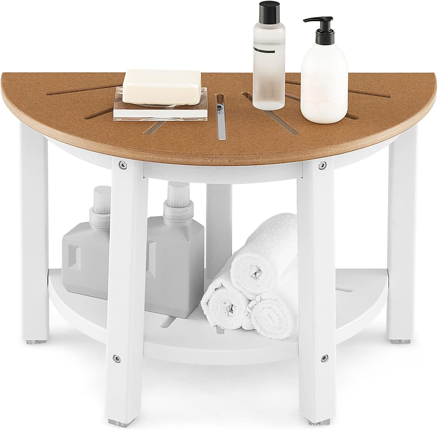 Costway HDPE Shower Bench with Shelf, 46.5 Cm Shower Stool with Semicircular Seat & Storage Shelf, Waterproof 2-Tier Bath Chair for inside Shower & Shaving Leg, Suitable for Indoor & Outdoor Use, Brown + White image number 1
