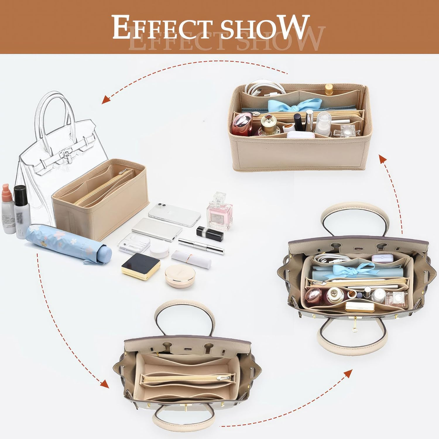 KOPPAL Purse Organizer Insert for Handbags, Felt Bag Organizer with Zipper, Large Capacity,Women, Handbags Shaper for Birkin(35,Orange) image number 6